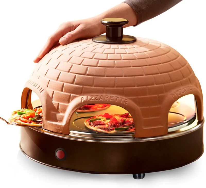 Pizzarette Origineel - 6 Persoons Pizza Oven - Handgemaakte Terracotta Koepel - 6 Geïsoleerde Bakspatels - RVS Bakplaat - Gourmetstel met Cool touch koepel - PO-115984 1200W de Emerio en Marron – photo produit