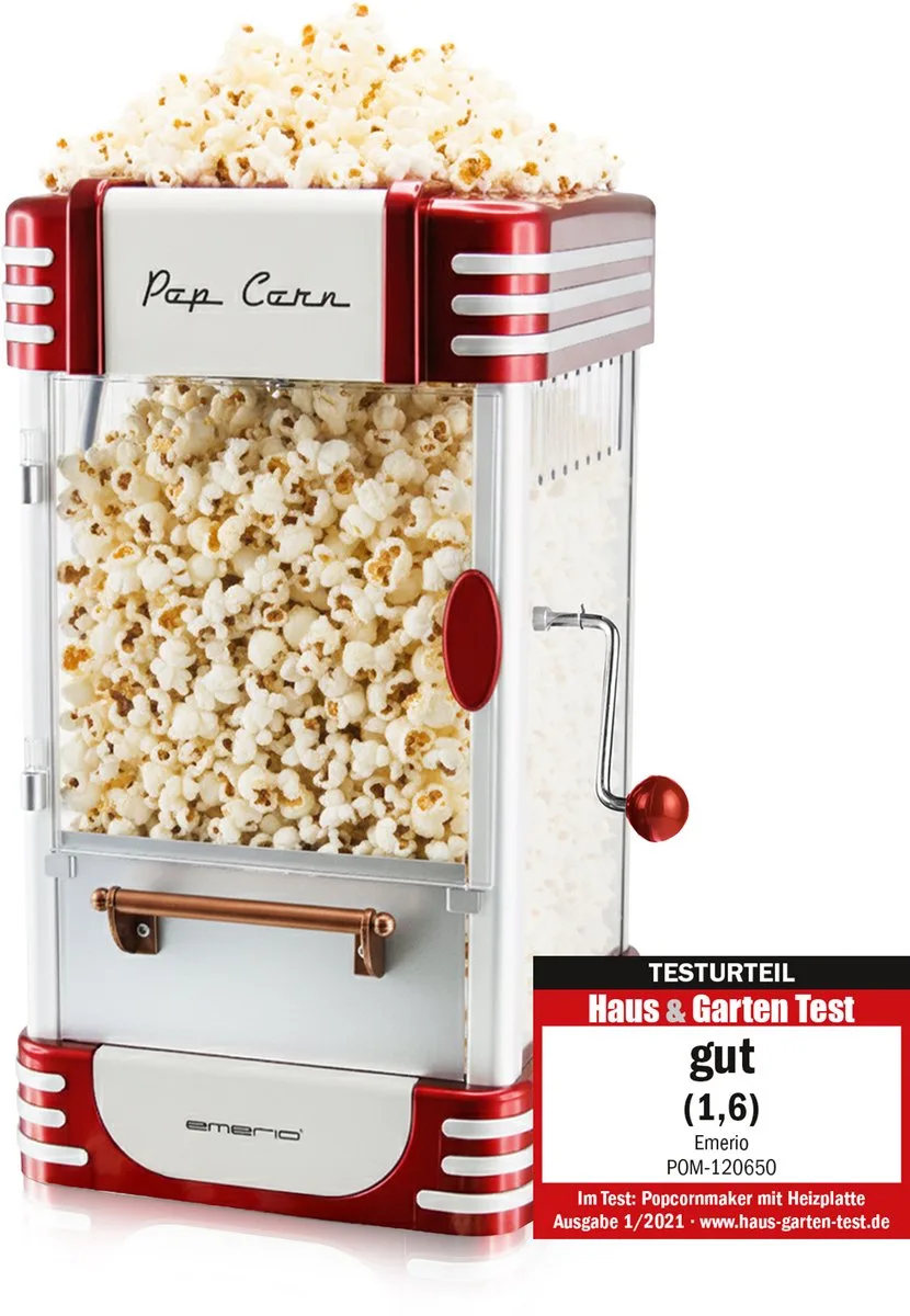 Popcornmachine - Popcornmaker - 50g - Roersysteem - Anti-aanbaklaag - Anti-slip - 360W - Maatbeker - POM-120650 Rood/Wit van Emerio in Wit – productfoto