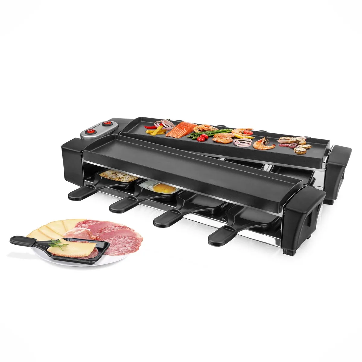 Raclette Grill - Gourmet - 8 Pannetjes en spatels - ILAG coating - Anti-slip voetjes - Aluminium Grillplaat - 40,6 x 10 cm - RG-132098.2 van Emerio in Zwart – productfoto