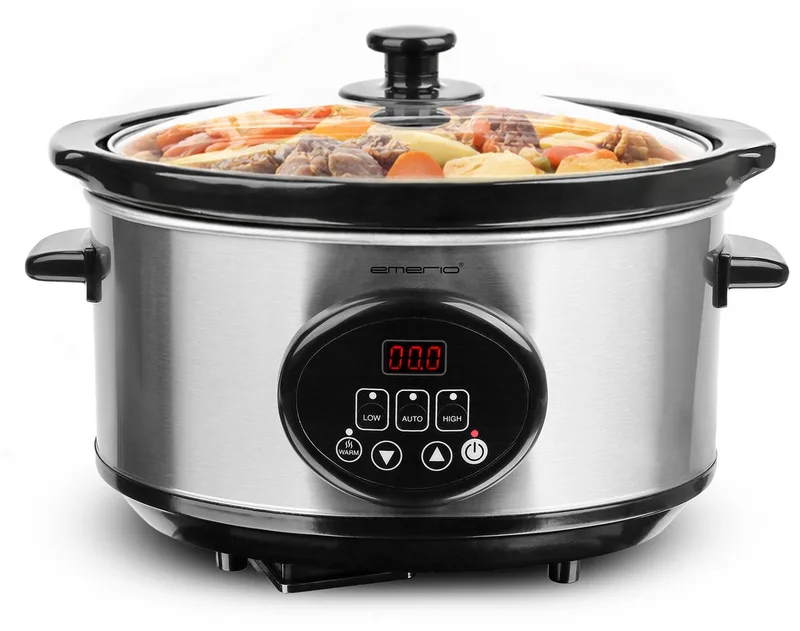 Slowcooker 240W - 3.5L - Warmhoudfunctie - Digitaal Display - 3 Warmte Instellingen - Uitneembare Keramische Binnenpan - Transparante Glazen Deksel - Cool Touch - SC-129406 de Emerio en Rvs – photo produit