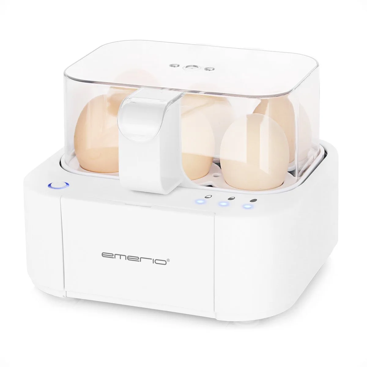 Smart Eierkoker Elektrisch - Voor 6 Eieren - 400W - Spraakmeldingen - Hard, zacht en medium gekookt tegelijk - Inclusief Maatbeker - EB-115560.14 - Eierkoker fra Emerio i Hvid – produktbillede
