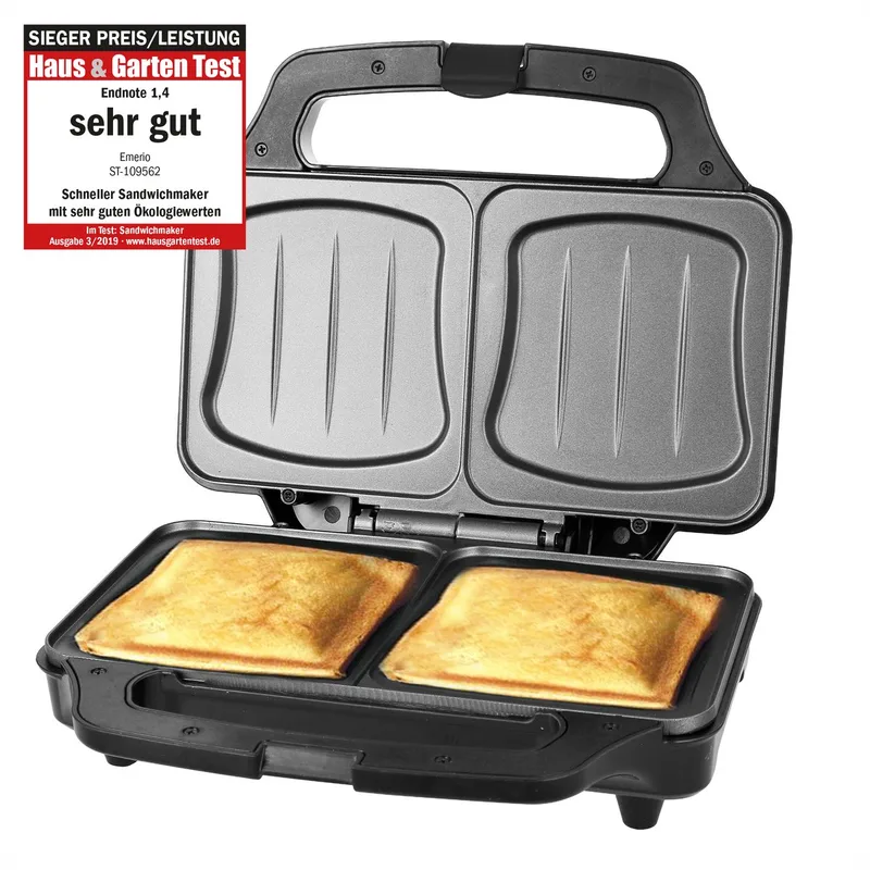 Tosti Apparaat XXL - 2 Tosti's - 900W - Sandwich maker - Bakplaat - ST-109562.17 - Zwart van Emerio in Rvs – productfoto