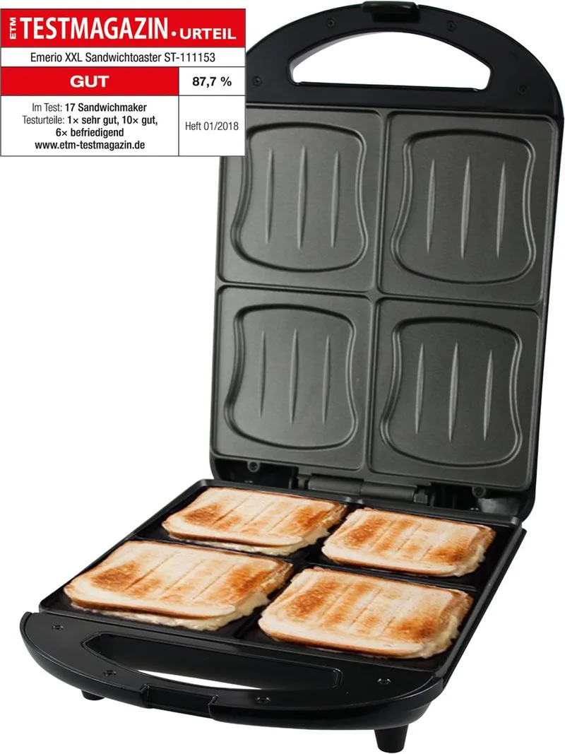Tosti Apparaat XXL - 4 Tosti's - 1300W - Groot Grilloppervlak - Sandwich maker RVS - Bakplaat ST-111153.4 by Emerio in Black – product photo
