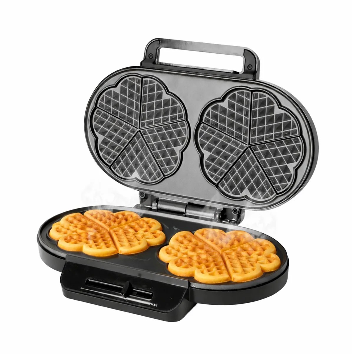 Wafelijzer 1200W - Hartvormige wafels - Regelbare thermostaat - Anti aanbaklaag - 14cm Diameter - Indicatielampje - Anti-slip voetjes - WM-123356 van Emerio in Zwart – productfoto