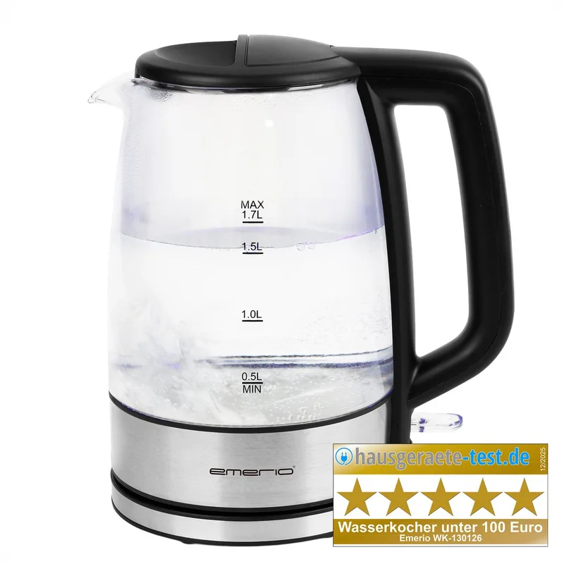Waterkoker 1.7 Liter - LED Verlichting - Oververhittingsbeveiliging en Automatische Uitschakeling - Water niveau indicator - Elektrische Waterkoker 2200W - WK-130126 RVS / Glas de Emerio en Glas, Rvs – photo produit