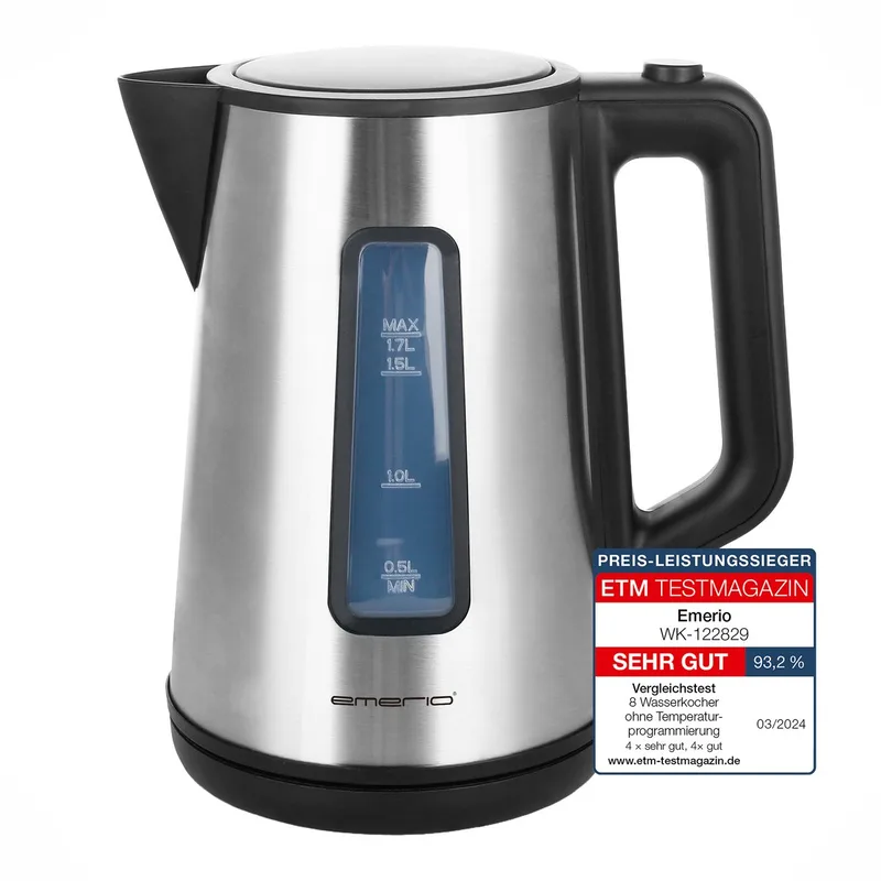 Waterkoker 2200W - 1.7L - Water niveau indicator - Verborgen verwarmingselement - Automatische uitschakeling - Koele wand - RVS/Zwart - WK-122829 by Emerio in Black – product photo