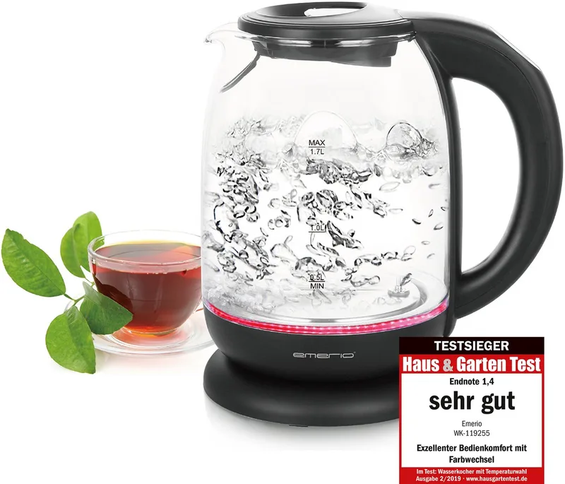 Waterkoker met Temperatuurregeling 1.7 Liter - LED Verlichting - Oververhittingsbeveiliging en Automatische Uitschakeling - Water niveau indicator - Elektrische Waterkoker 2200W - WK-119255.5 / Glas fra Emerio i Sort – produktbillede