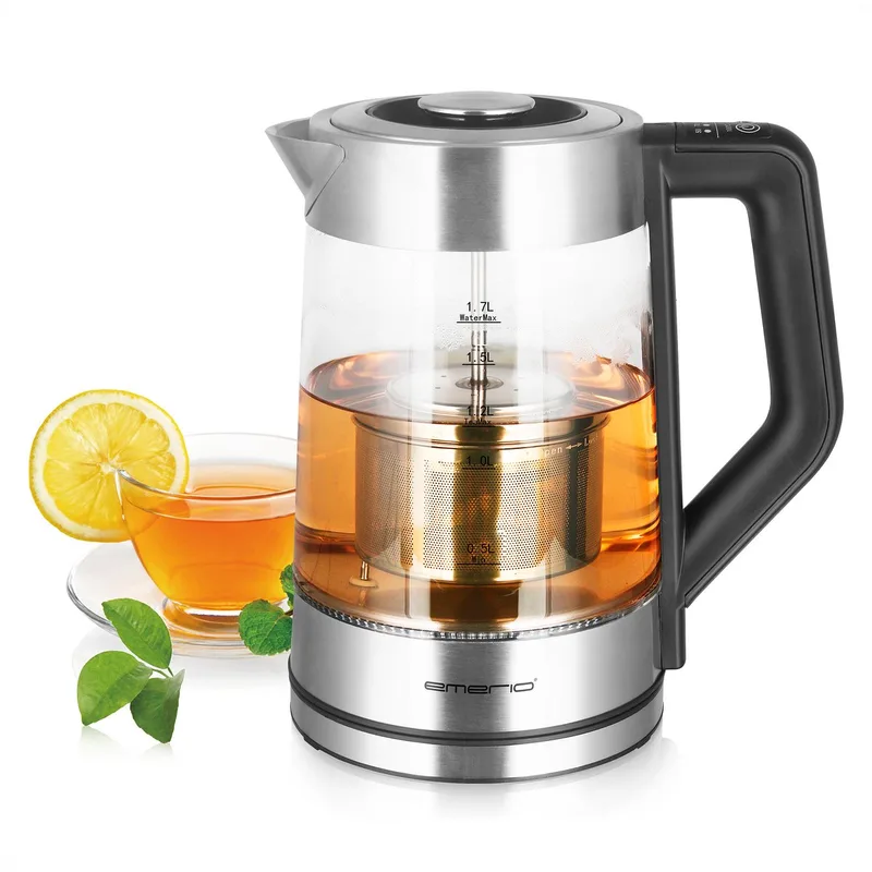 Waterkoker met Temperatuurregeling 1.7 Liter - LED Verlichting - Oververhittingsbeveiliging en Automatische Uitschakeling - Water niveau indicator - Elektrische Waterkoker 2200W - WK-122730 Glas / RVS by Emerio in Black – product photo