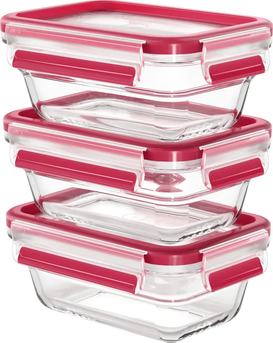 Clip & Close Vershoudbakje 0.45 l, 0.45 l, 0.45 l Set van 3 stuks Glas Met deksel, Vaatwasserbestendig, Met kliksluiting, Waterdicht Transparant, Rood från Emsa i Transparent, Röd – produktbild