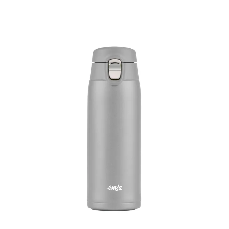 N21510 Travel Mug Light Thermo-/Isolierbecher aus Edelstahl | 0,4 Liter | 8H heiß | 16H kalt | 100% dicht | auslaufsicher | spülmaschinengeeignet | Klappverschlussystem | Grau,1 Stück (1er Pack) by Emsa – product photo