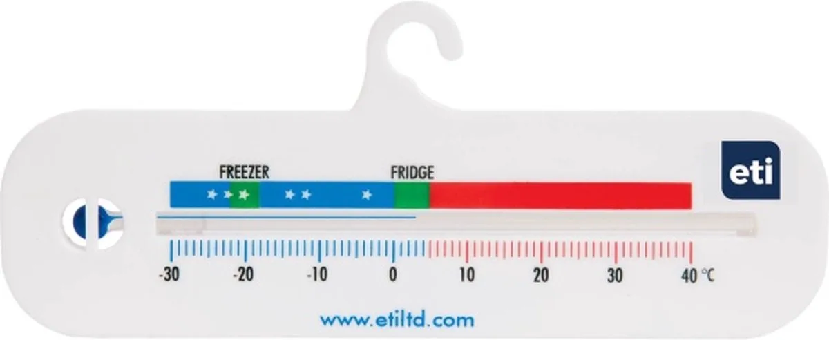 Horizontale Koelkast/Diepvries Thermometer - -30 tot +40°C - Gekleurde Voedselveilige Zones - Kwikvrij van ETI in Wit – productfoto