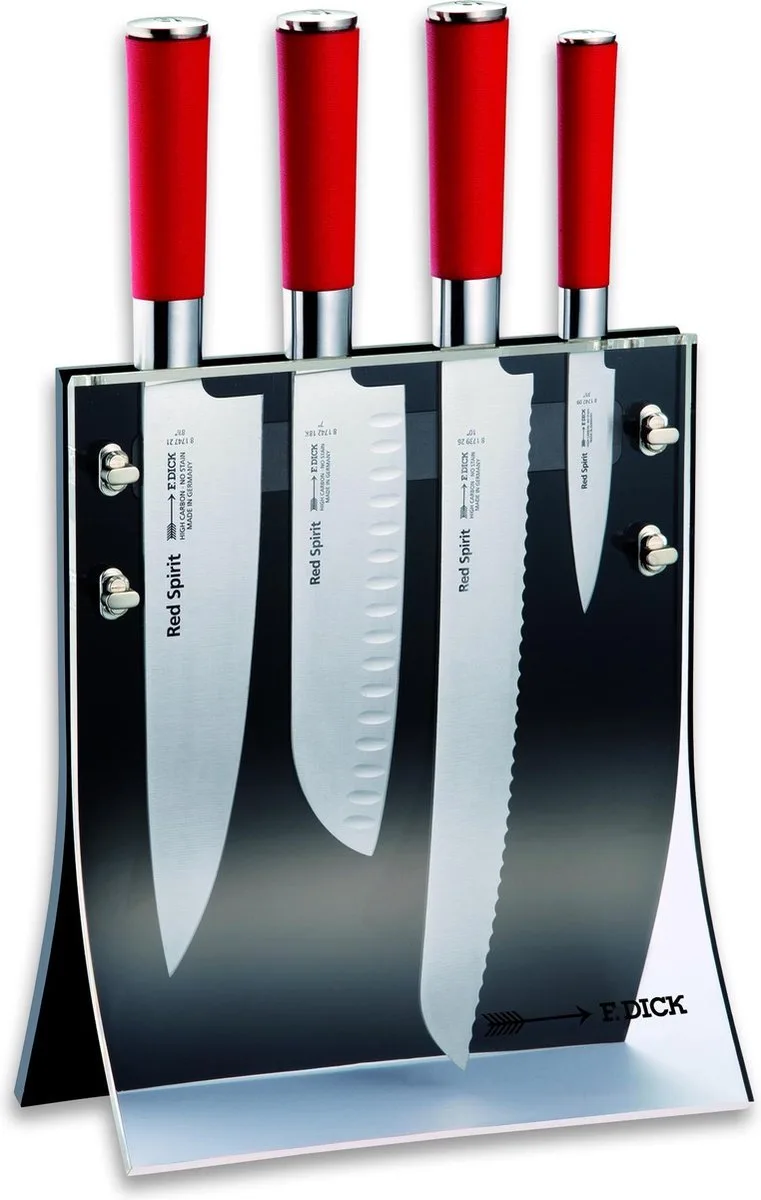 DICK 4 stks. Professionele messenset Red Spirit | Keukenmes Santoku Mes Broodmes Snijmes incl. Messenblok | Roestvrij staal van F. Dick in Rood – productfoto