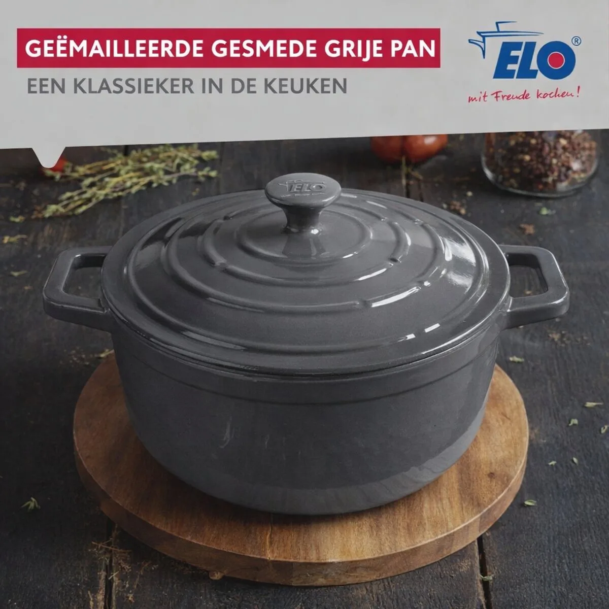 Cocotte 26 cm van geëmailleerd gietijzer klassiek 4,5 L Elo van Fackelmann in Grijs – productfoto
