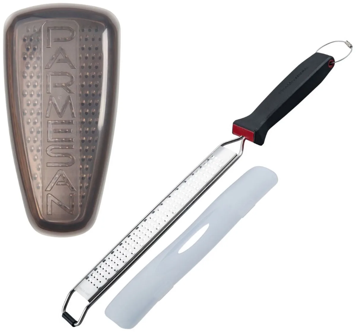 Duo Lange grove rasp voor citroenschil met beschermkap 42 cm en Parmezaanrasp met opbergdoos 19 cm FM Professional Gourmet von Fackelmann in Roestvrij staal, Schwarz, Transparent – Produktfoto