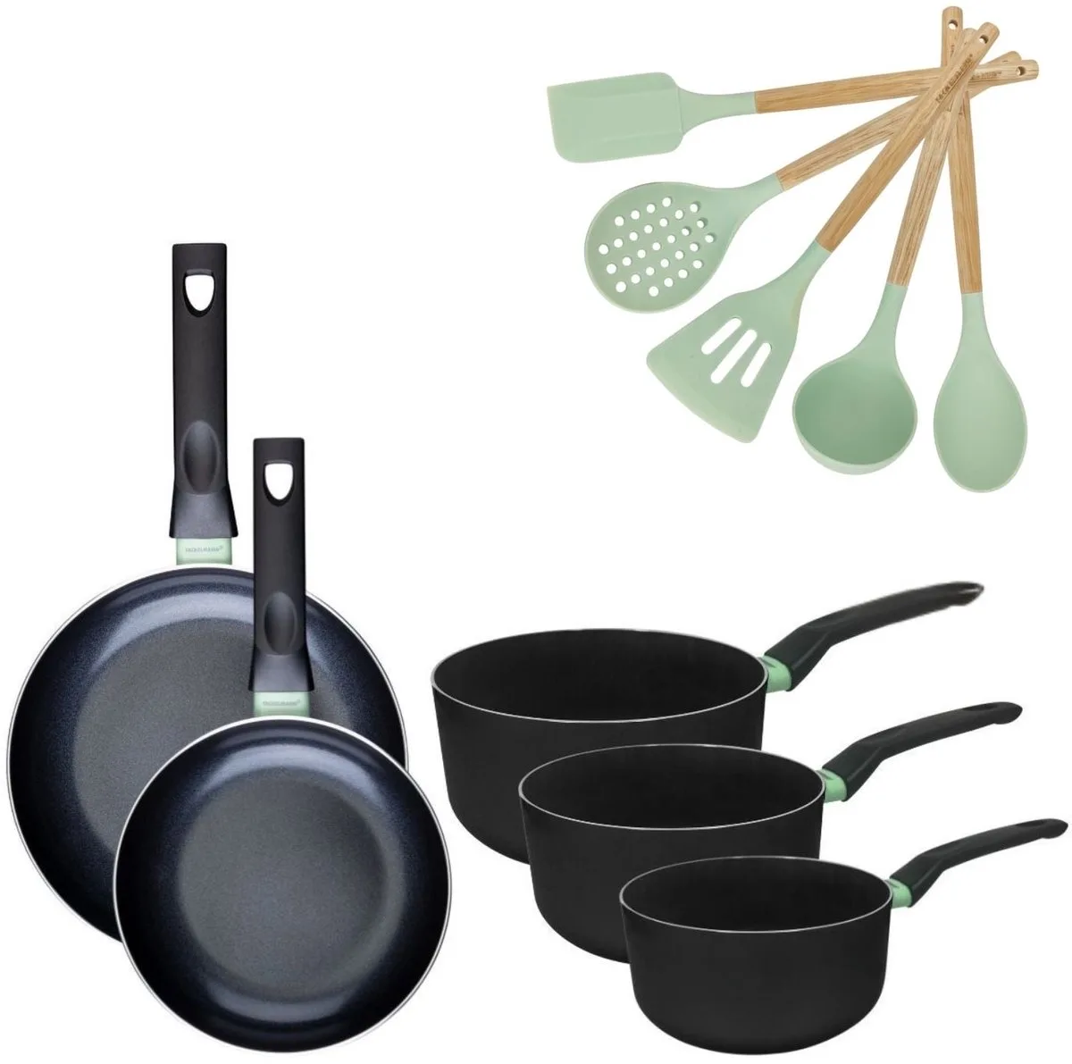 Fackelmann 9204250 Set van 2 RVS Pannen 20/24 cm en 3 RVS Kookpotten 16/18/20 cm Collectie Brandao Zonder PFAS met 5 Ocean Keukengerei fra Fackelmann i Sort, Grøn – produktbillede