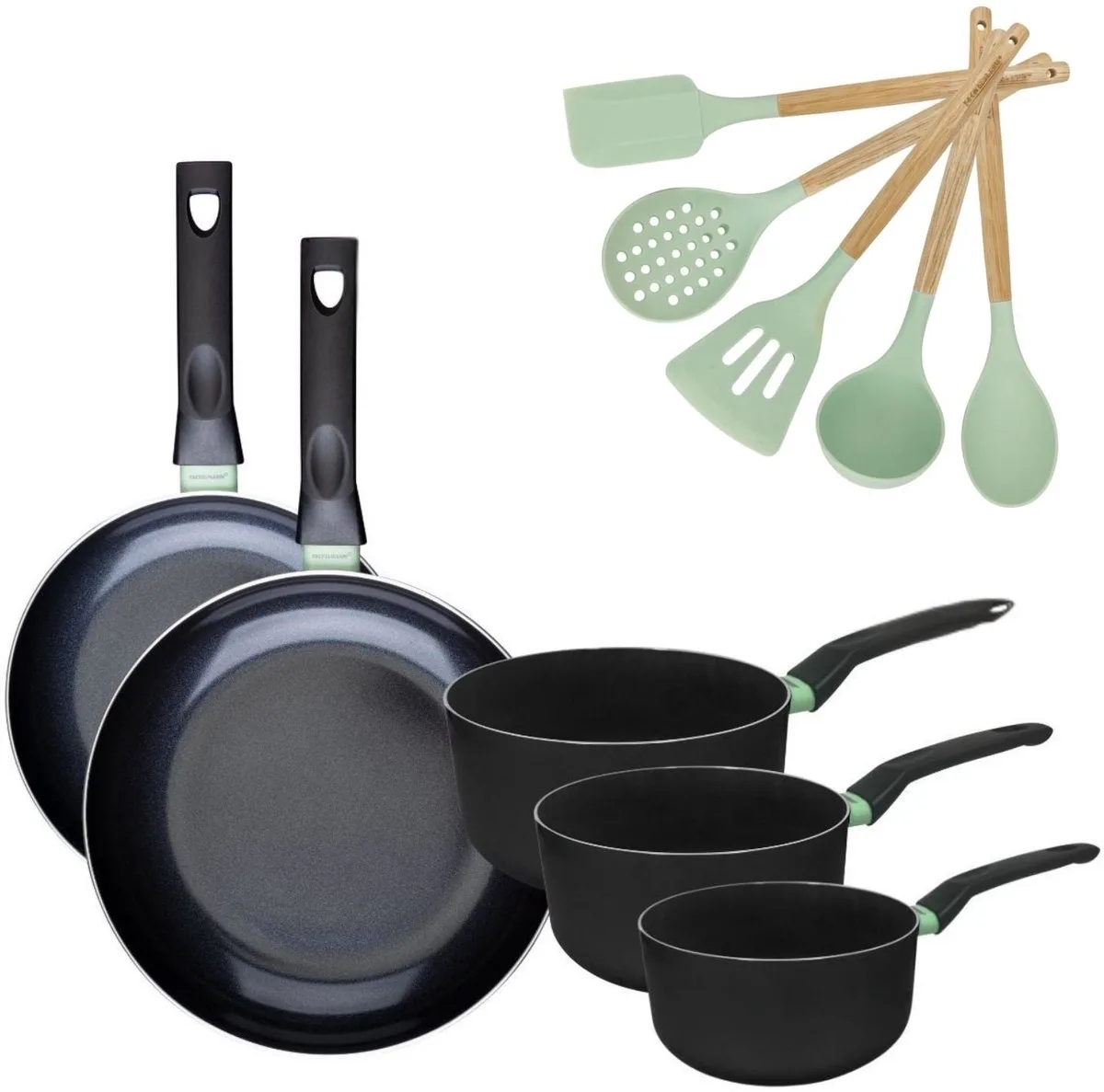 Fackelmann 9204350 Set van 2 RVS Pannen 24/28 cm en 3 RVS Kookpotten 16/18/20 cm Collectie Brandao Zonder PFAS met 5 Ocean Keukengerei von Fackelmann in Schwarz, Grün – Produktfoto