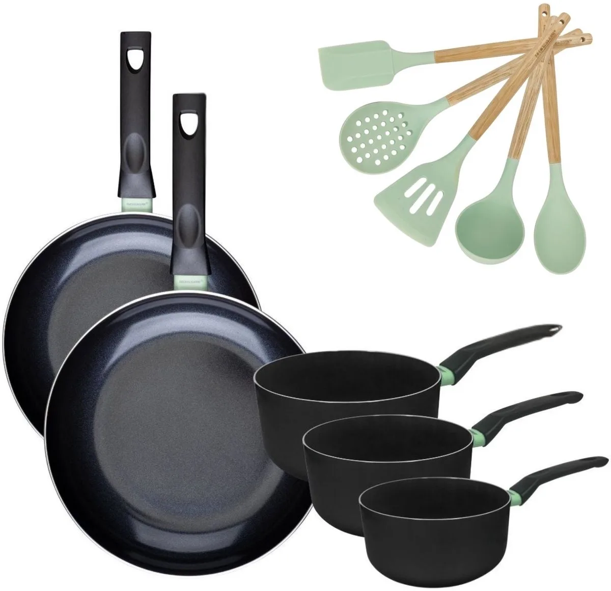 Fackelmann 9204450 Set van 2 RVS Pannen 28/30 cm en 3 RVS Kookpotten 16/18/20 cm Collectie Brandao Zonder PFAS met 5 Ocean Keukengerei von Fackelmann in Schwarz, Grün – Produktfoto
