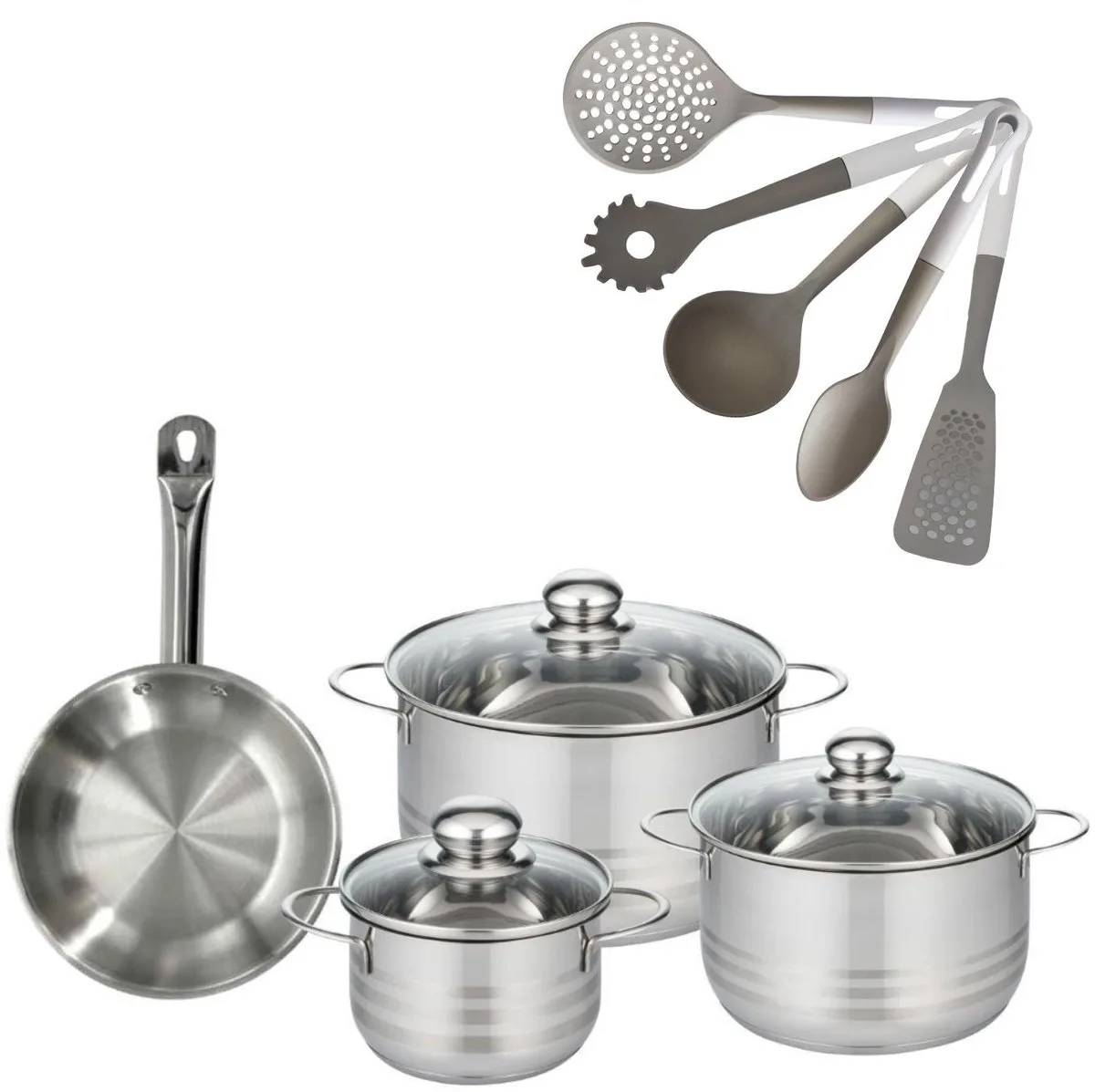 Fackelmann 9217450 Etherna kookset: RVS koekenpan 20 cm en RVS kookpannen 16/20/24 cm zonder PFAS + 5 keukengerei van Fackelmann in Roestvrij staal, Zwart – productfoto