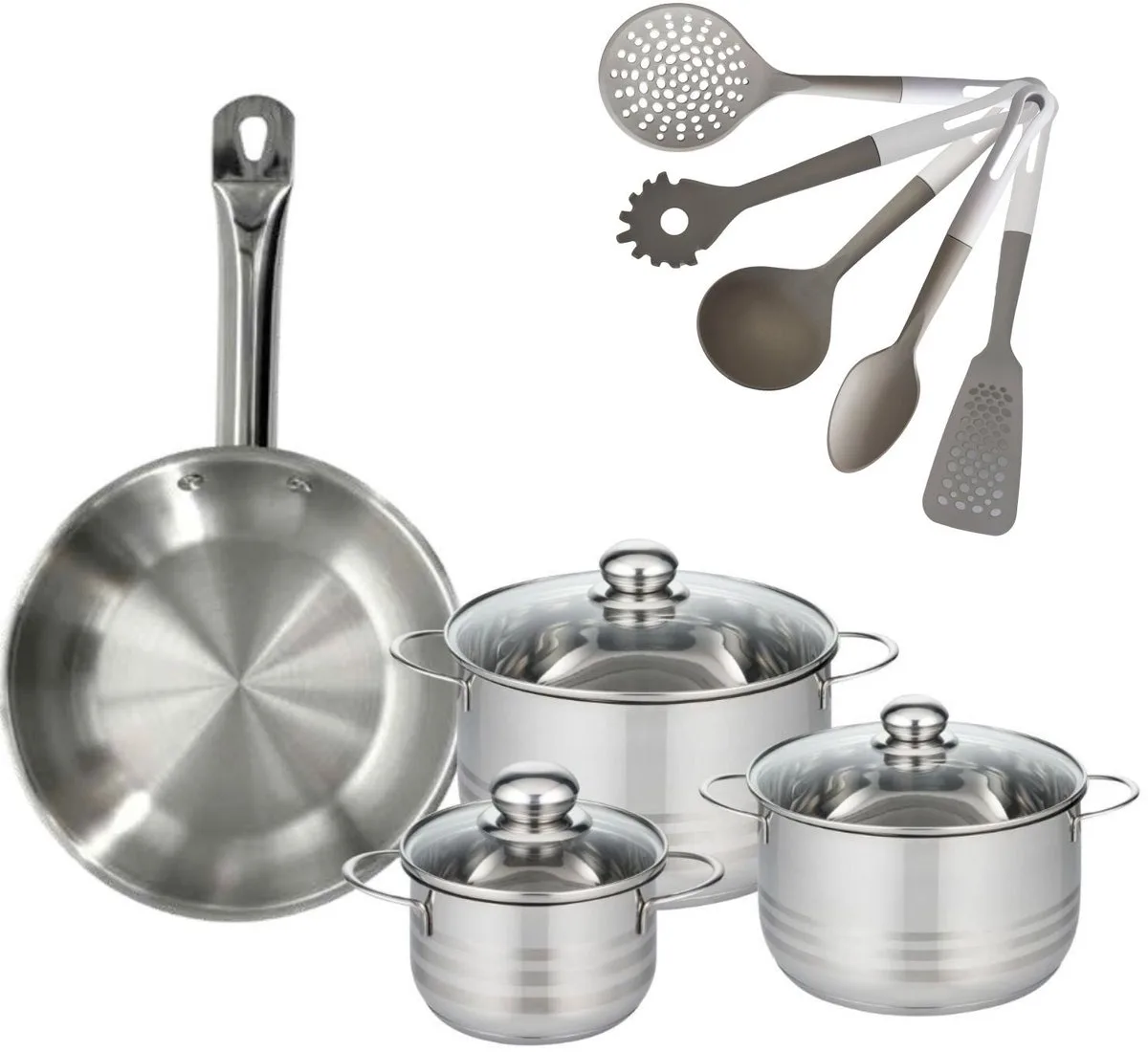 Fackelmann 9217650 Keukengerei Set Roestvrijstalen Koekenpan 28 cm Etherna & Roestvrijstalen Kookpannen 16/20/24 cm PFAS-vrij met 5 Keukengerei by Fackelmann in Roestvrij staal – product photo