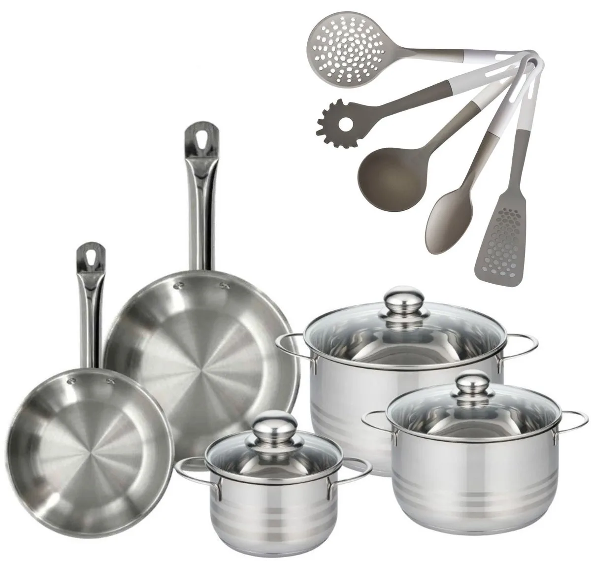 Fackelmann 9217750 Set van 2 Roestvrijstalen Pannen 20/24 cm Etherna & 3 Roestvrijstalen Kookpotten 16/20/24 cm Zonder PFAS met 5 Keukengerei de Fackelmann en Roestvrij staal – photo produit