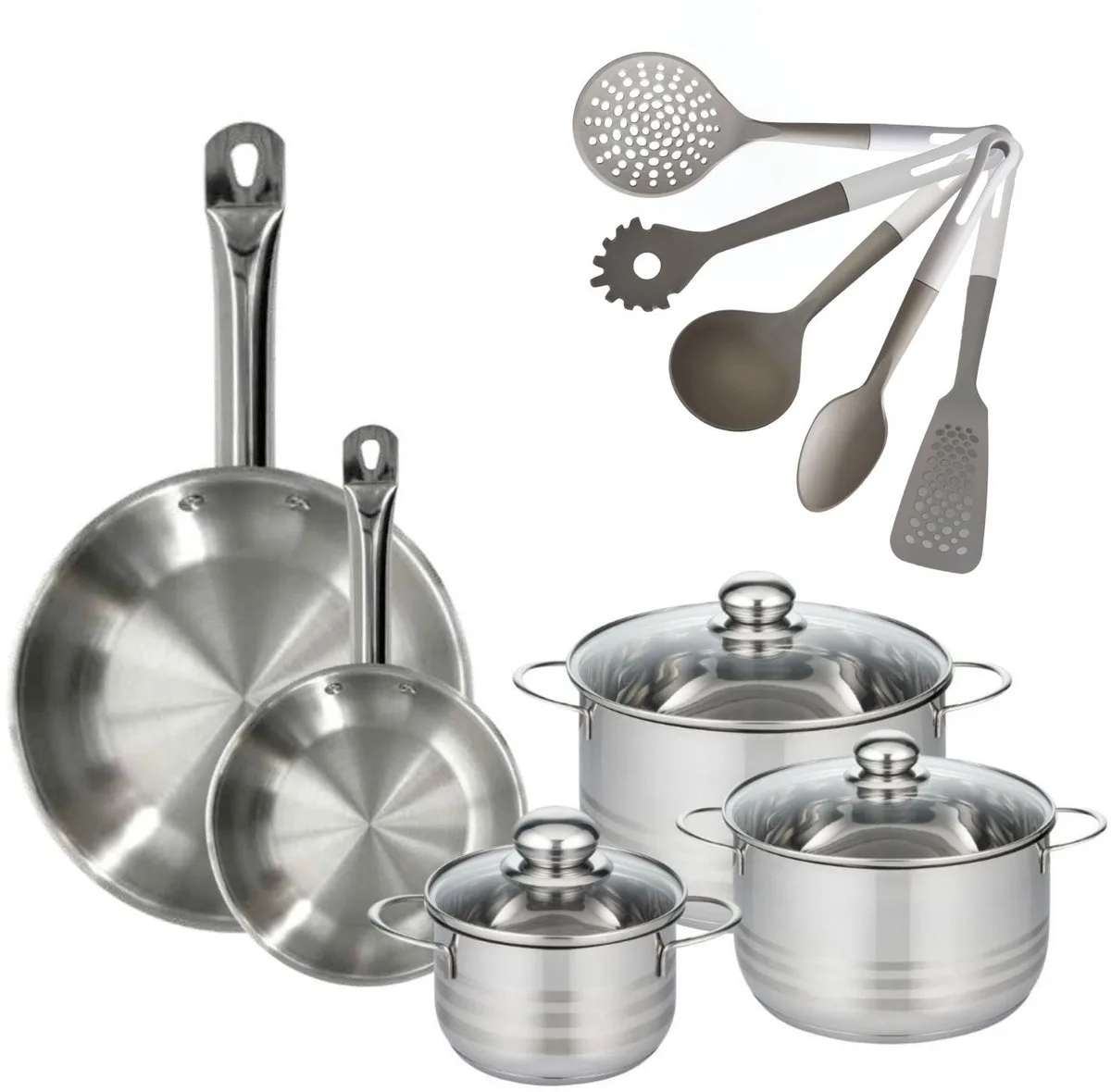 Fackelmann 9217850 Set van 2 RVS Pannen 20/28 cm Etherna & 3 RVS Kookpotten 16/20/24 cm Zonder PFAS met 5 Keukengerei Fackelmann van Fackelmann in Roestvrij staal – productfoto
