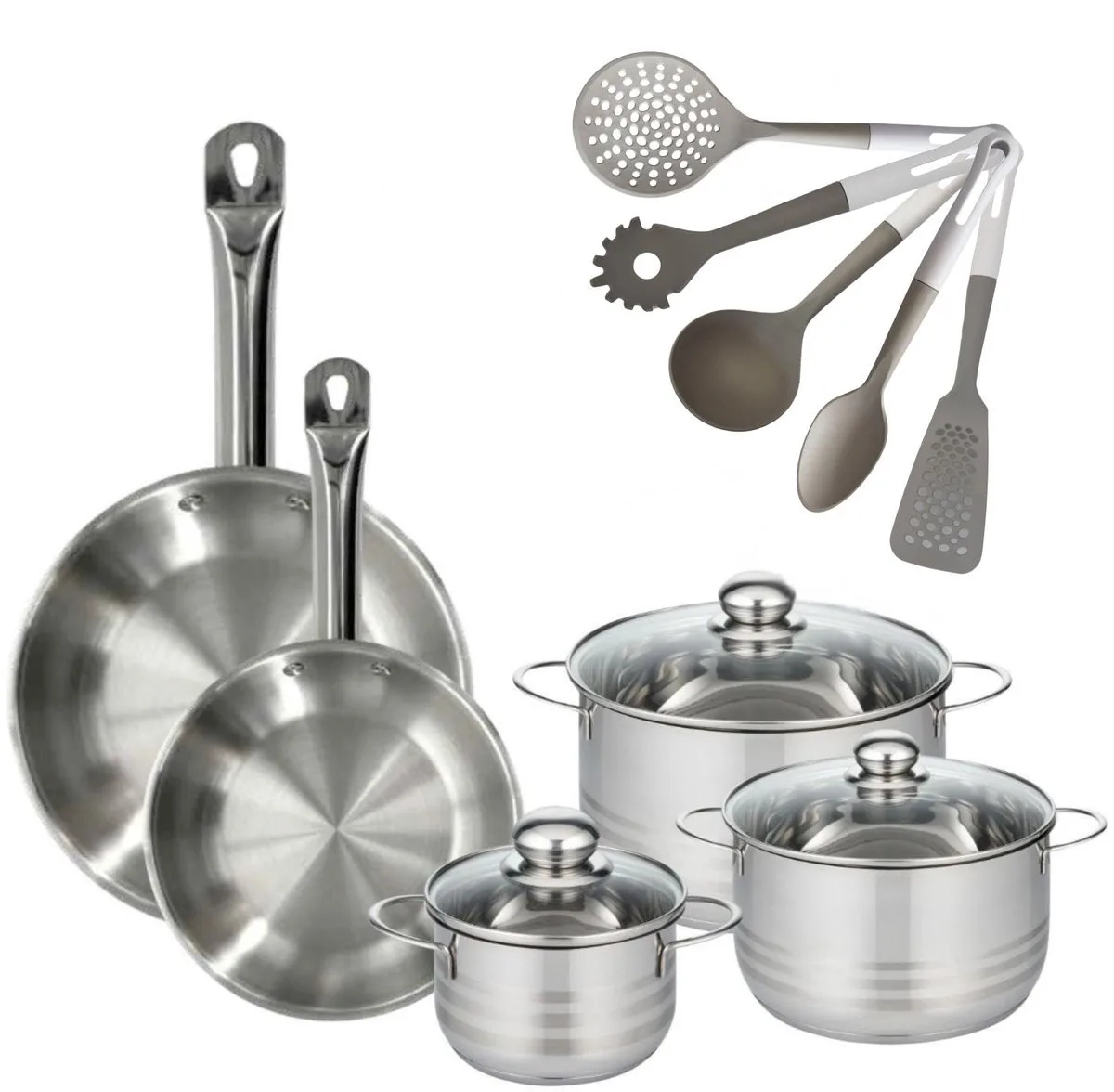 Fackelmann 9217950 Set van 2 RVS Pannen 24/28 cm Etherna & 3 RVS Kookpotten 16/20/24 cm PFAS-vrij met 5 Keukengerei van Fackelmann in Roestvrij staal – productfoto