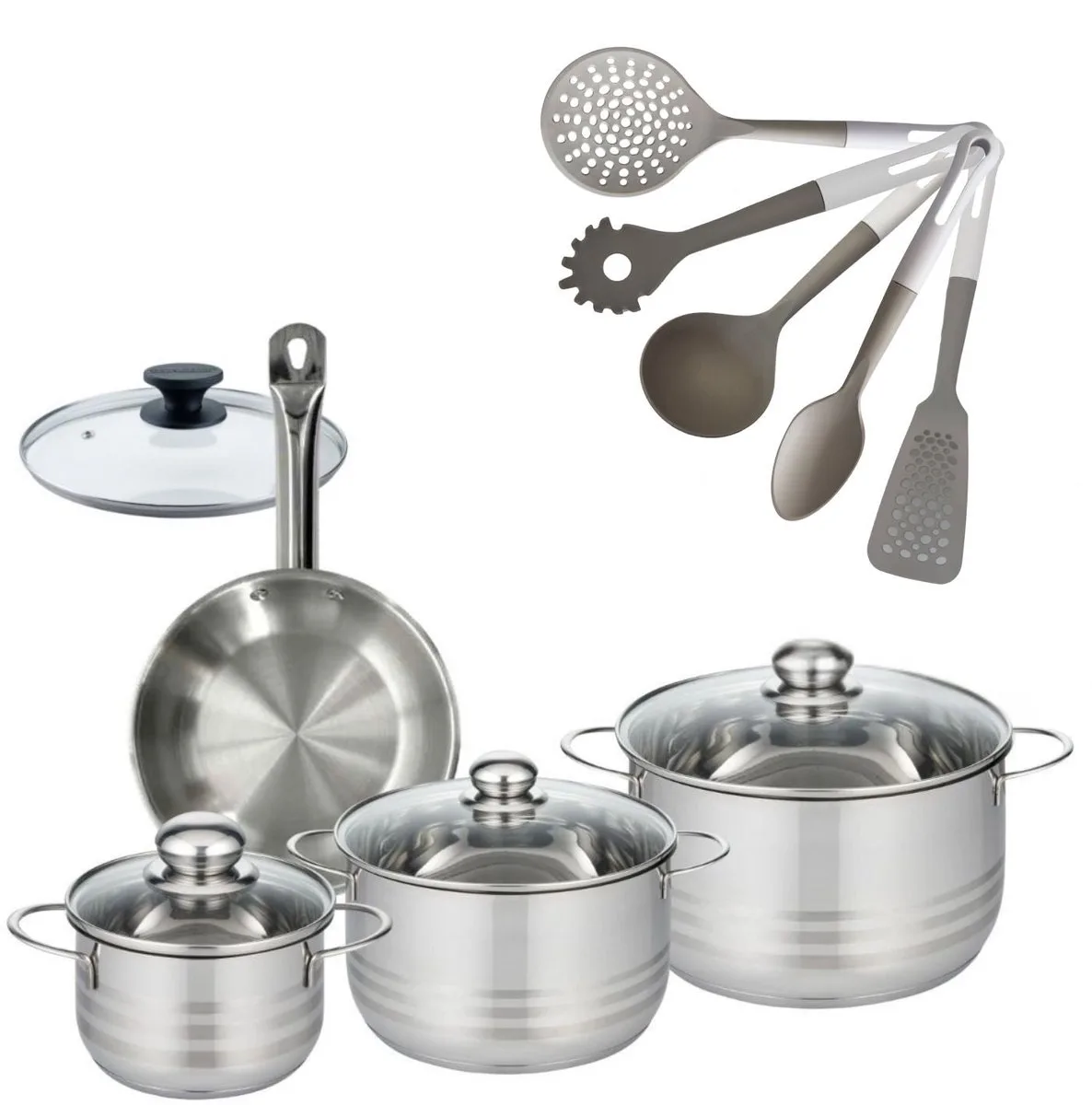 Fackelmann 9218150 Set Roestvrijstalen Koekenpan 20 cm Etherna & Roestvrijstalen Kookpannen 16/20/24 cm Zonder PFAS met 5 Keukengerei von Fackelmann in Roestvrij staal – Produktfoto