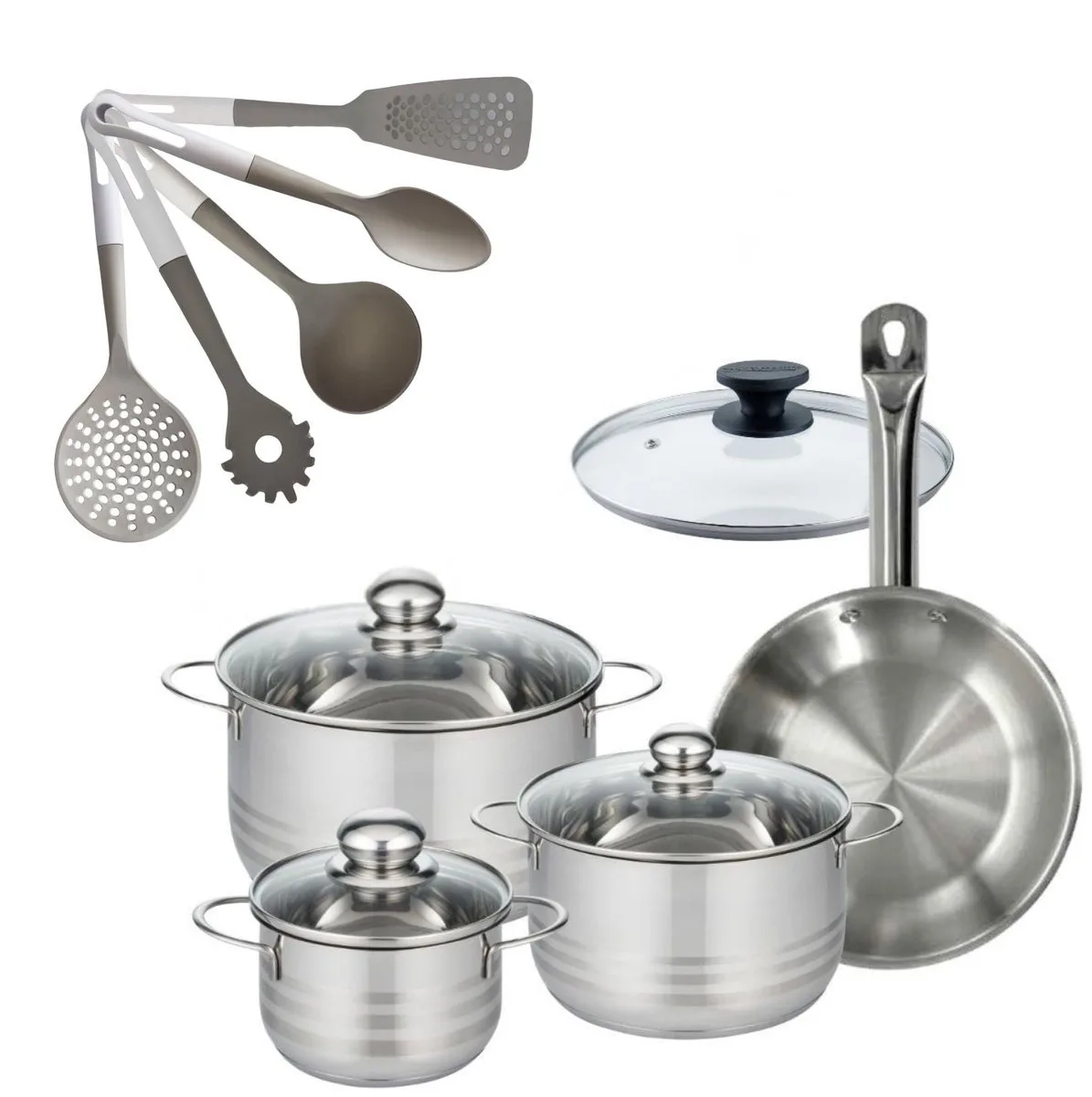 Fackelmann 9218250 Set Roestvrijstalen Koekenpan 24 cm Etherna & Roestvrijstalen Kookpannen 16/20/24 cm Zonder PFAS met 5 Keukengerei de Fackelmann en Roestvrij staal – photo produit