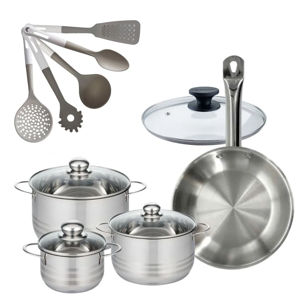 Fackelmann 9218350 RVS Koekenpan 28 cm Eterna & 3 RVS Kookpannen 16/20/24 cm Zonder PFAS met 5 Keukengerei fra Fackelmann i Roestvrij staal – produktbillede