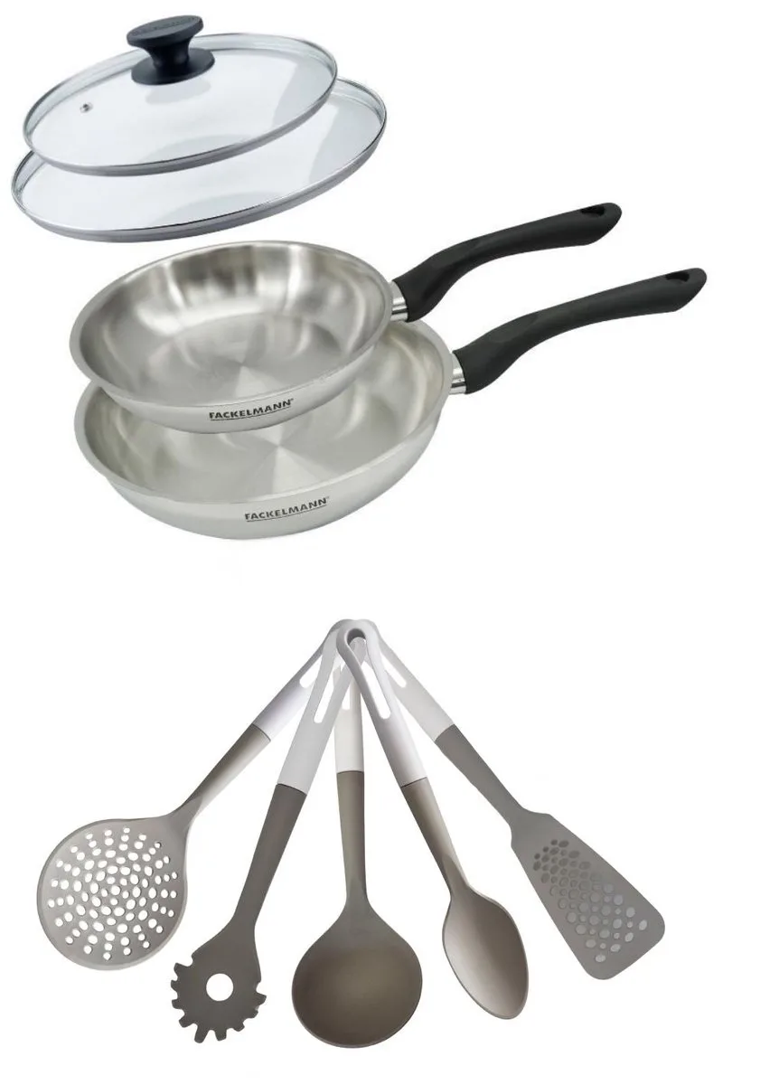 Fackelmann 9222350 Set van 2 RVS Pannen 20/24 cm Geneva Zonder PFAS met 5 Keukengerei & 2 Glazen Deksel van Fackelmann in Roestvrij staal, Zwart – productfoto