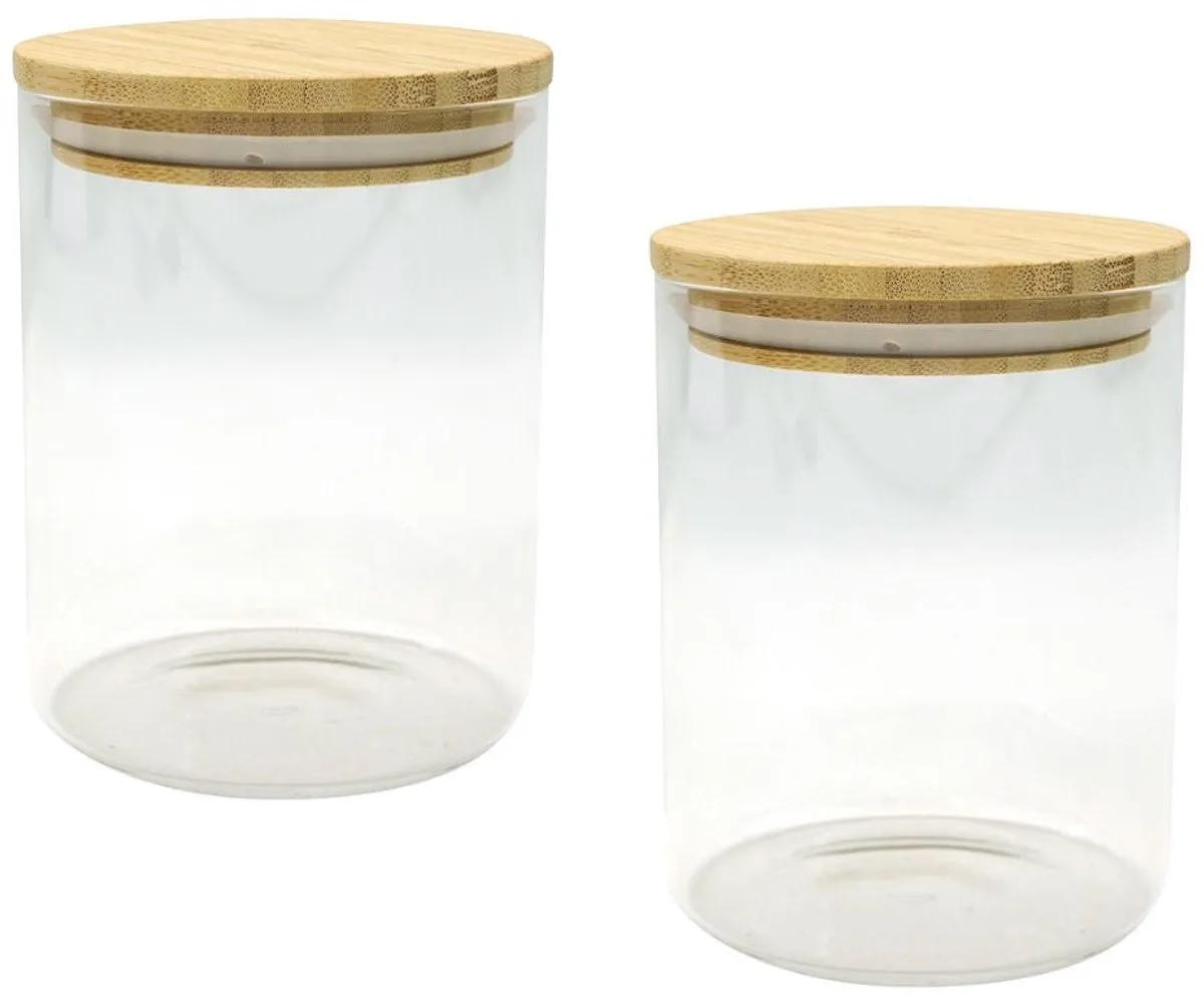 Fackelmann 9342550 Set van 2 Bewaarbakken van glas met bamboedeksel, 0,9 Liter, glazen bak, luchtdicht, bewaarbak, Bamboe, Glas, 10 x 13 cm fra Fackelmann i Brun, Gennemsigtig – produktbillede