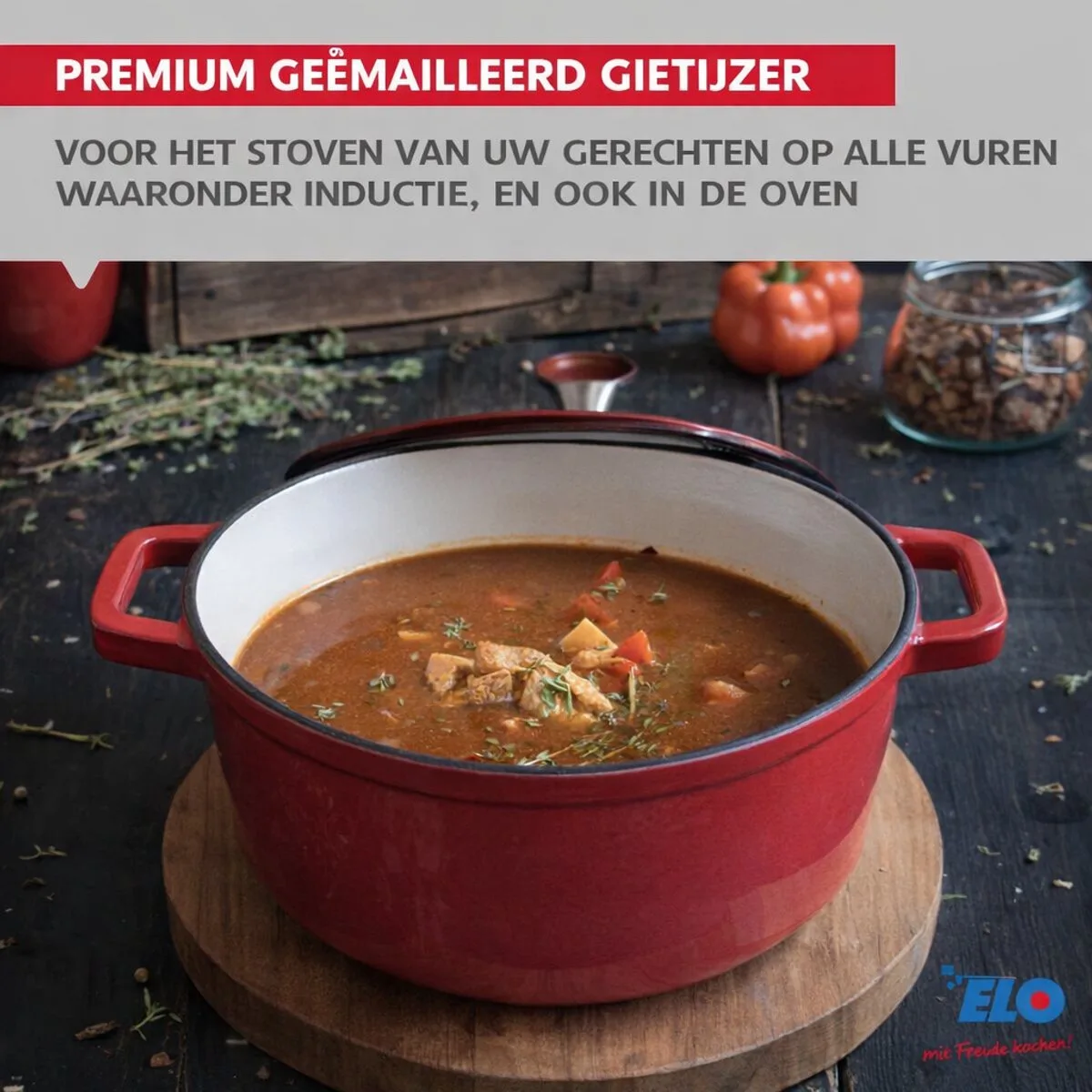 Ovale gietijzeren braadpan geëmailleerd 33 cm lang kersenrood 4,9 L Elo van Fackelmann in Rood – productfoto