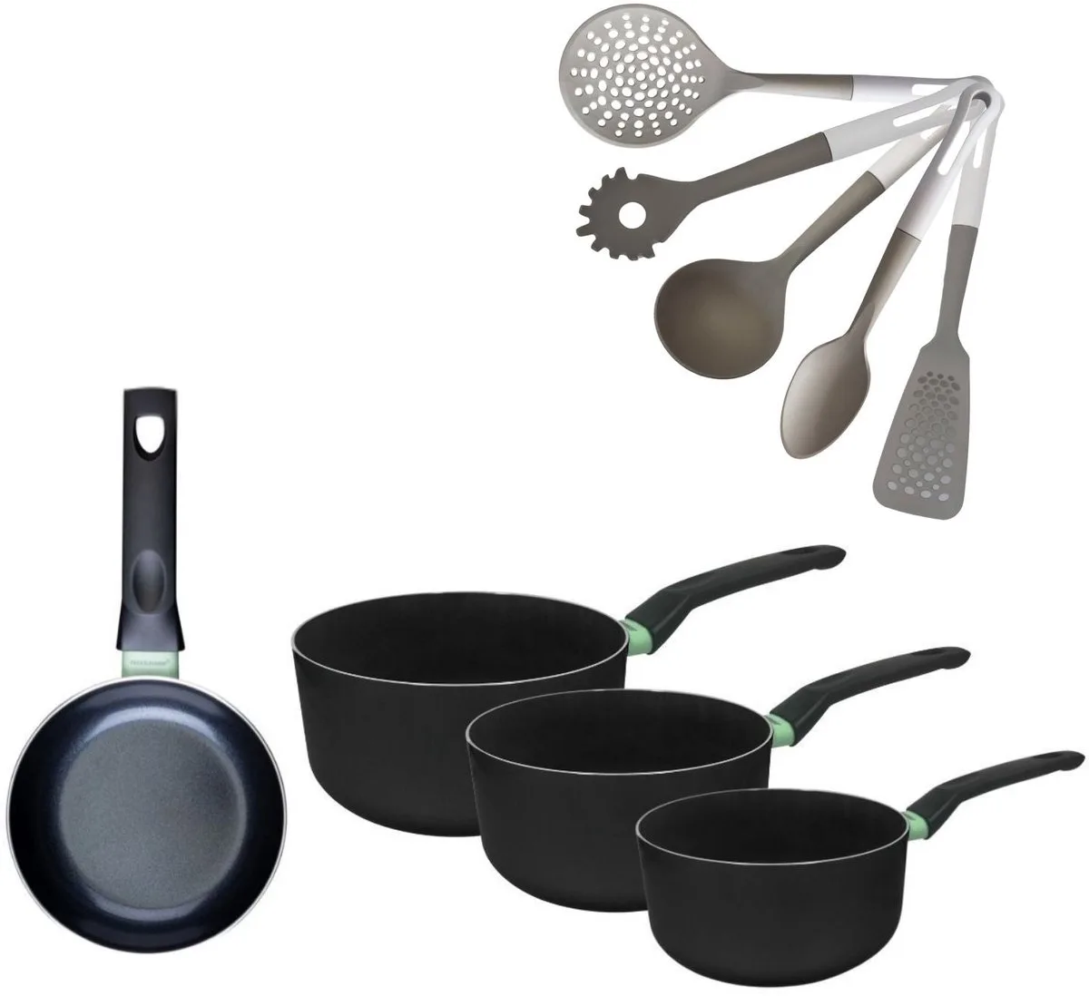 Pan 16 cm en 3 Pannen 16/18/20 cm zonder PFAS Fackelmann Brandao met 5 Vario keukengerei från Fackelmann i Svart, Grön – produktbild