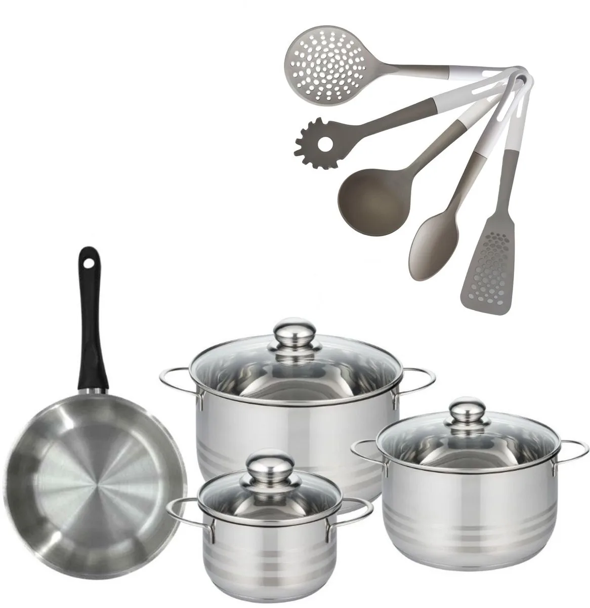Set 1 Koekenpan 20cm & 3 Kookpotten 16/20/24cm Fackelmann Geneva met 5 keukengerei von Fackelmann in Roestvrij staal, Schwarz – Produktfoto