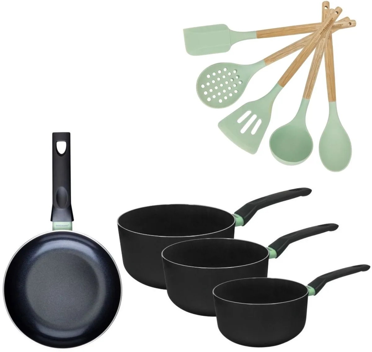 Set 1 Koekenpan 24cm en 3 Kookpannen 16/18/20cm Fackelmann Brandao met 5 keukengerei Oceaan de Fackelmann en Noir, Vert – photo produit
