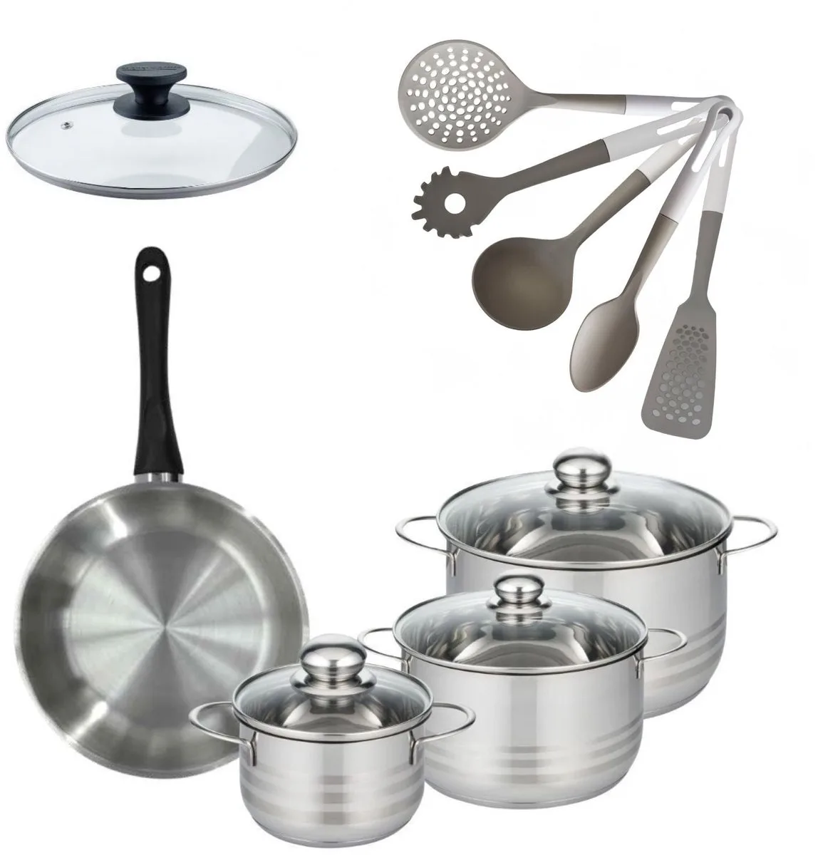 Set 1 Koekenpan 24cm en 3 Kookpannen 16/20/24cm Fackelmann Genève met 5 keukengerei von Fackelmann in Roestvrij staal, Schwarz – Produktfoto