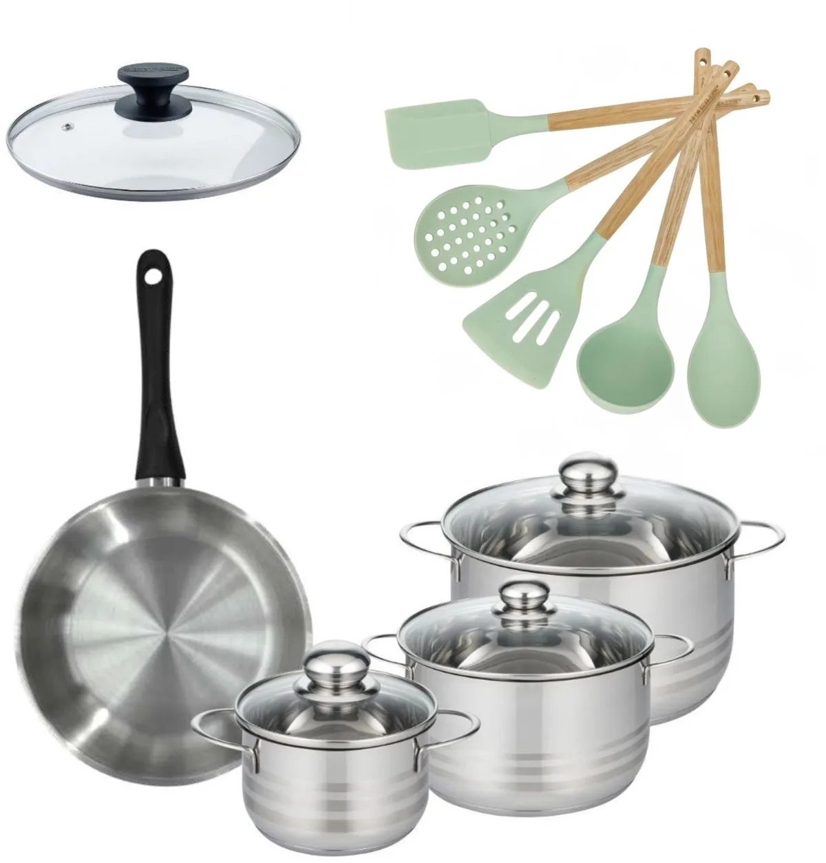 Set 1 Koekenpan 24cm met deksel Fackelmann Genève en 3 Kookpotten 16/20/24cm met 5 keukengerei Oceaan van Fackelmann in Inox, Zwart – productfoto