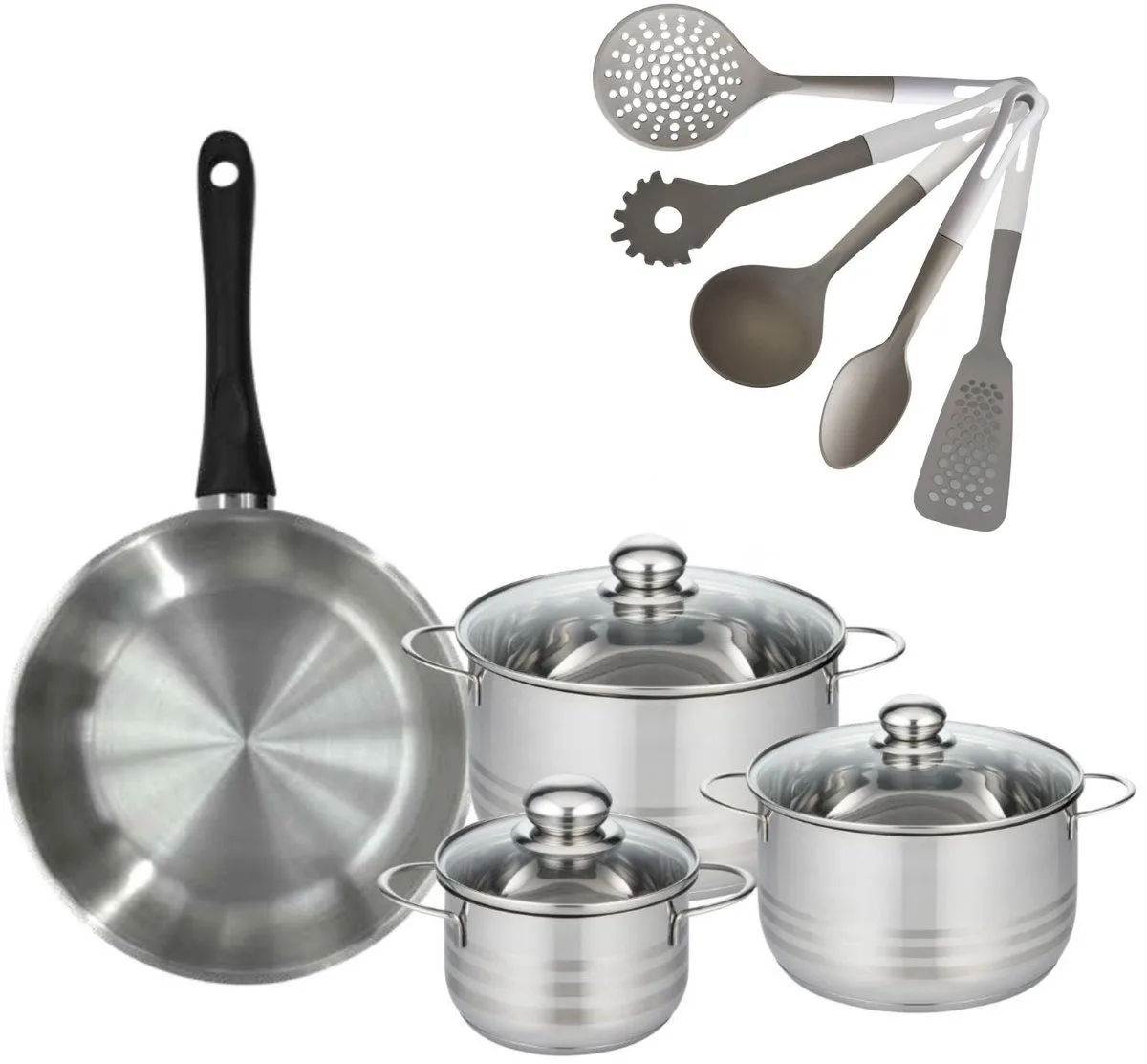 Set 1 Koekenpan 28cm & 3 Kookpannen 16/20/24cm Fackelmann Geneva met 5 keukengerei de Fackelmann en Roestvrij staal, Noir – photo produit
