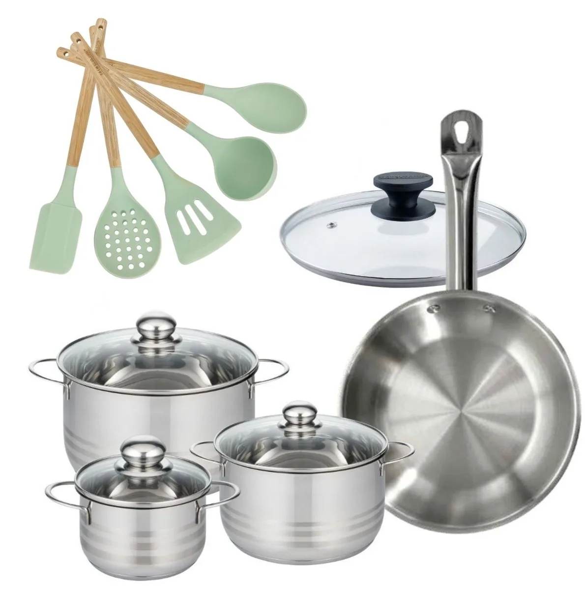 Set 1 Koekenpan 28cm en 3 Kookpotten 16/20/24cm Fackelmann Etherna met 5 keukengerei de Fackelmann en Roestvrij staal – photo produit