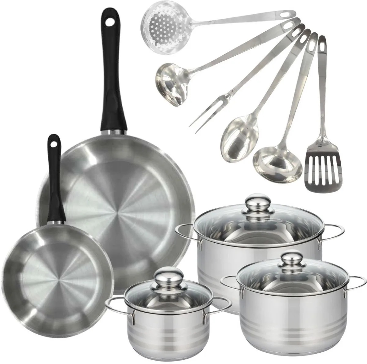 Set 2 pannen 20 28 cm, 3 kookpotten 16, 20 en 24 cm in roestvrij staal en 6 roestvrijstalen keukengerei Fackelmann Geneva van Fackelmann in Roestvrij staal, Zwart – productfoto