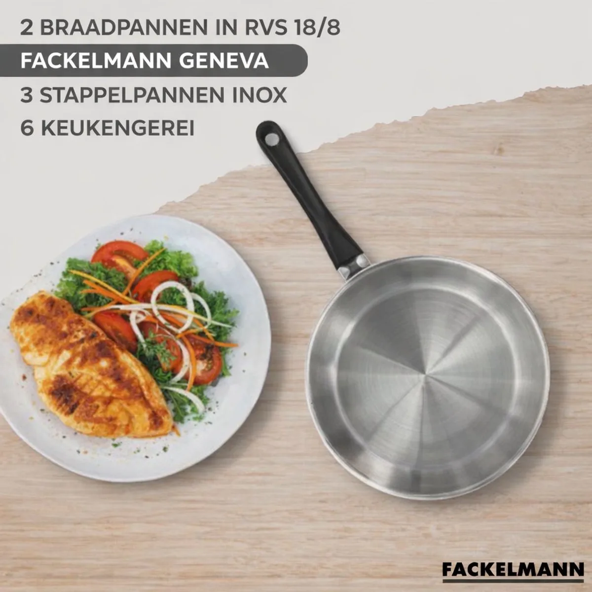 Set 2 pannen 20 en 24 cm, 3 roestvrijstalen steelpannen en 6 roestvrijstalen keukengerei Fackelmann Geneva von Fackelmann in Roestvrij staal, Schwarz – Produktfoto