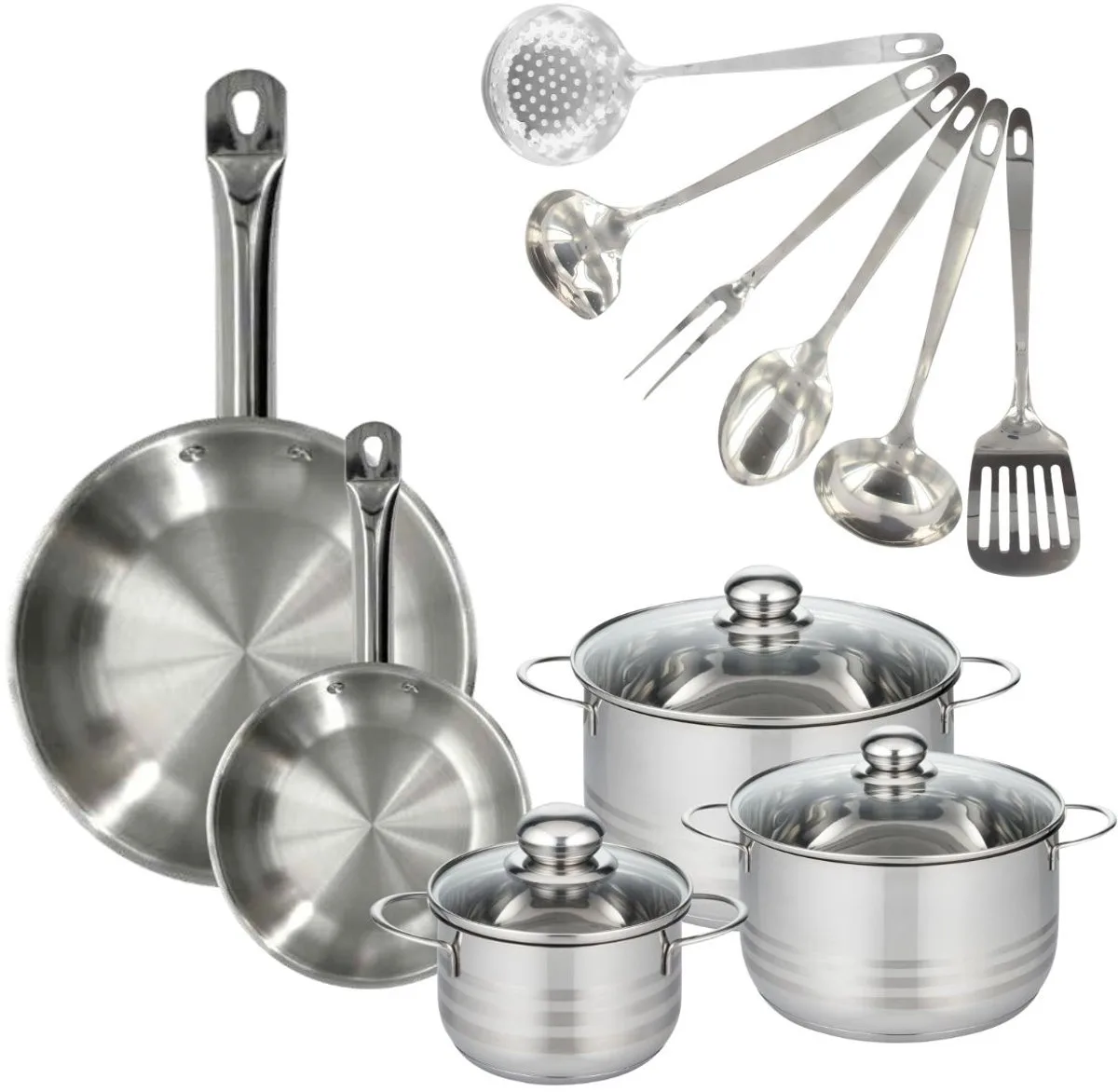 Set 2 pannen 20 en 28 cm 3 roestvrijstalen kookpotten 16, 20 en 24 cm en 6 roestvrijstalen keukengerei Fackelmann Eterna van Fackelmann in Roestvrij staal – productfoto