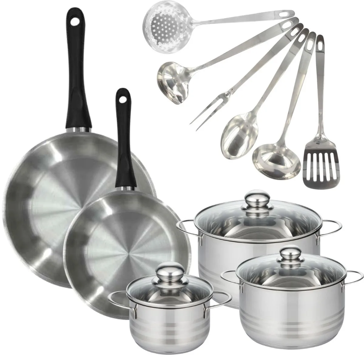 Set 2 pannen 24 28 cm, 3 kookpotten 16, 20 en 24 cm in roestvrij staal en 6 roestvrijstalen keukengerei Fackelmann Geneva by Fackelmann in Roestvrij staal, Black – product photo