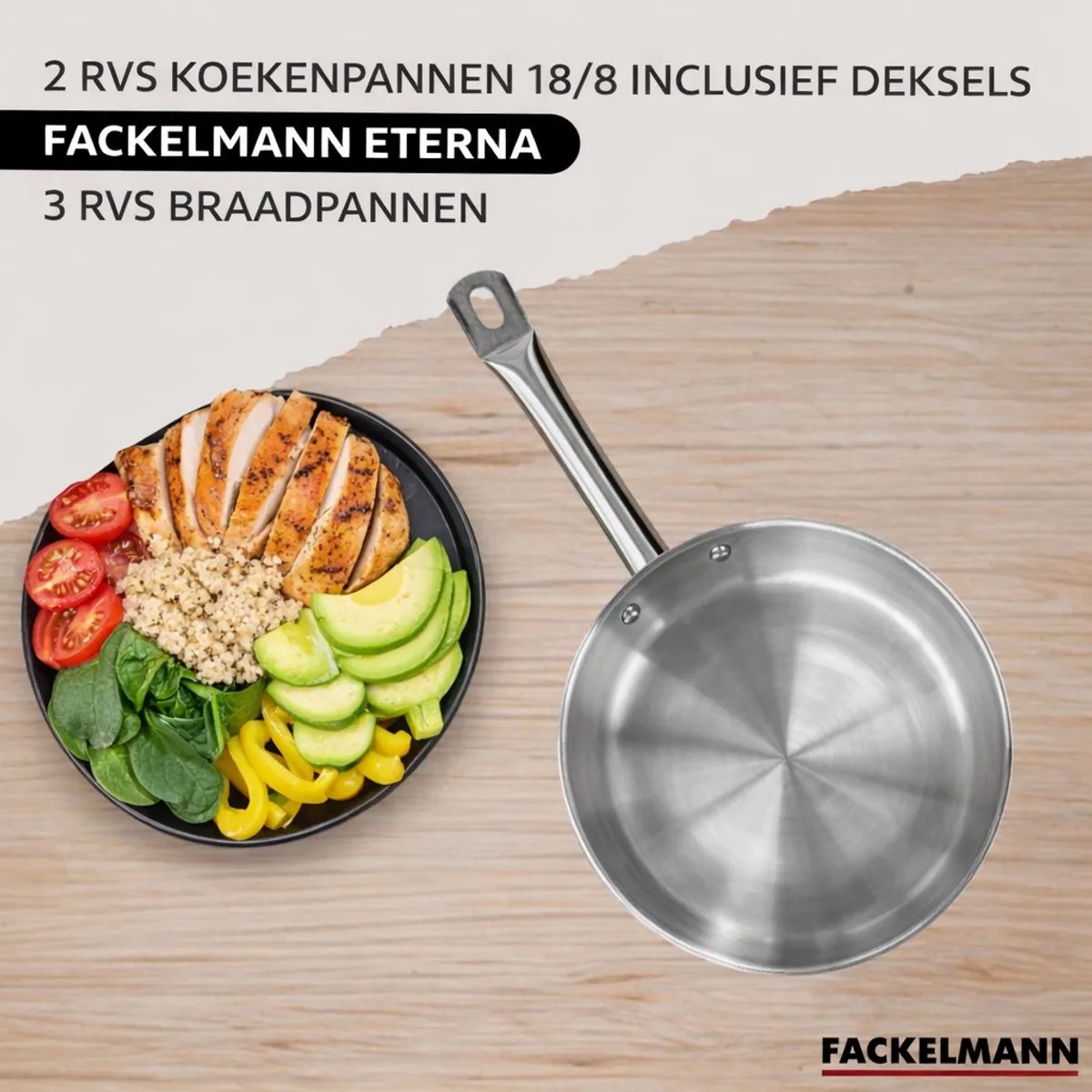 Set 2 pannen 24 28 cm en 2 glazen deksels, 3 roestvrijstalen kookpotten 16, 20 en 24 cm Fackelmann Eterna de Fackelmann en Roestvrij staal – photo produit