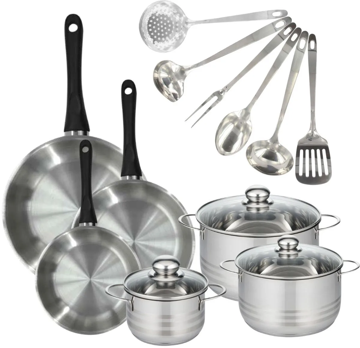 Set 3 pannen 20 24 28 cm, 3 kookpotten 16, 20 en 24 cm in roestvrij staal en 6 roestvrijstalen keukengerei Fackelmann Geneva von Fackelmann in Roestvrij staal, Schwarz – Produktfoto