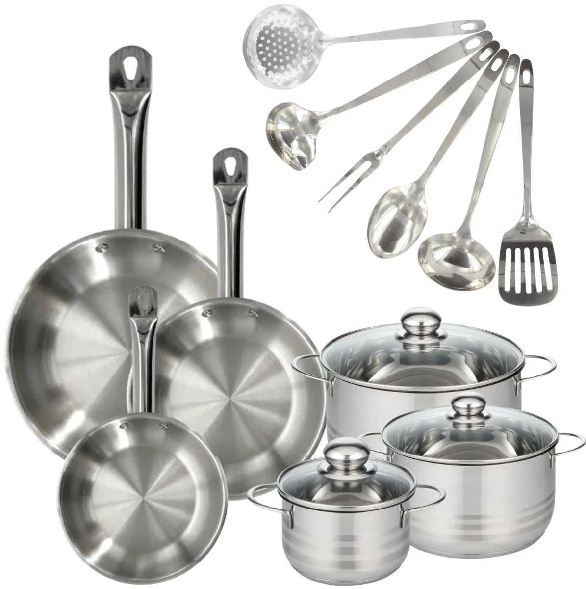 Set 3 pannen 20 24 en 28 cm 3 roestvrijstalen kookpotten 16, 20 en 24 cm en 6 roestvrijstalen keukengerei Fackelmann Eterna van Fackelmann in Roestvrij staal – productfoto