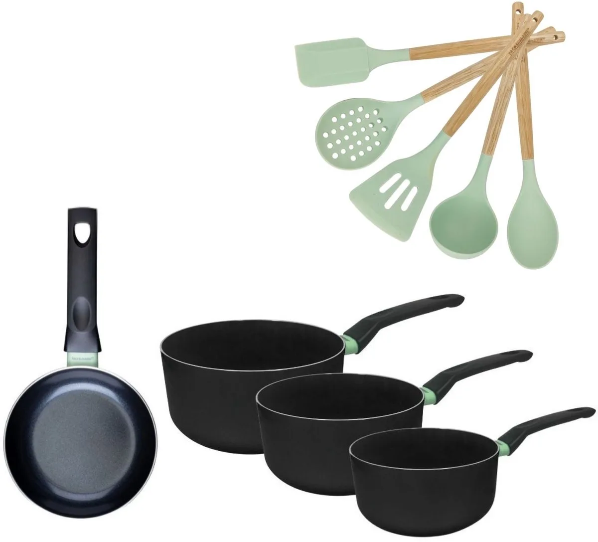 Set Koekenpan 16cm en 3 Kookpannen 16/18/20cm Fackelmann Brandao met 5 keukengerei Oceaan från Fackelmann i Svart, Grön – produktbild