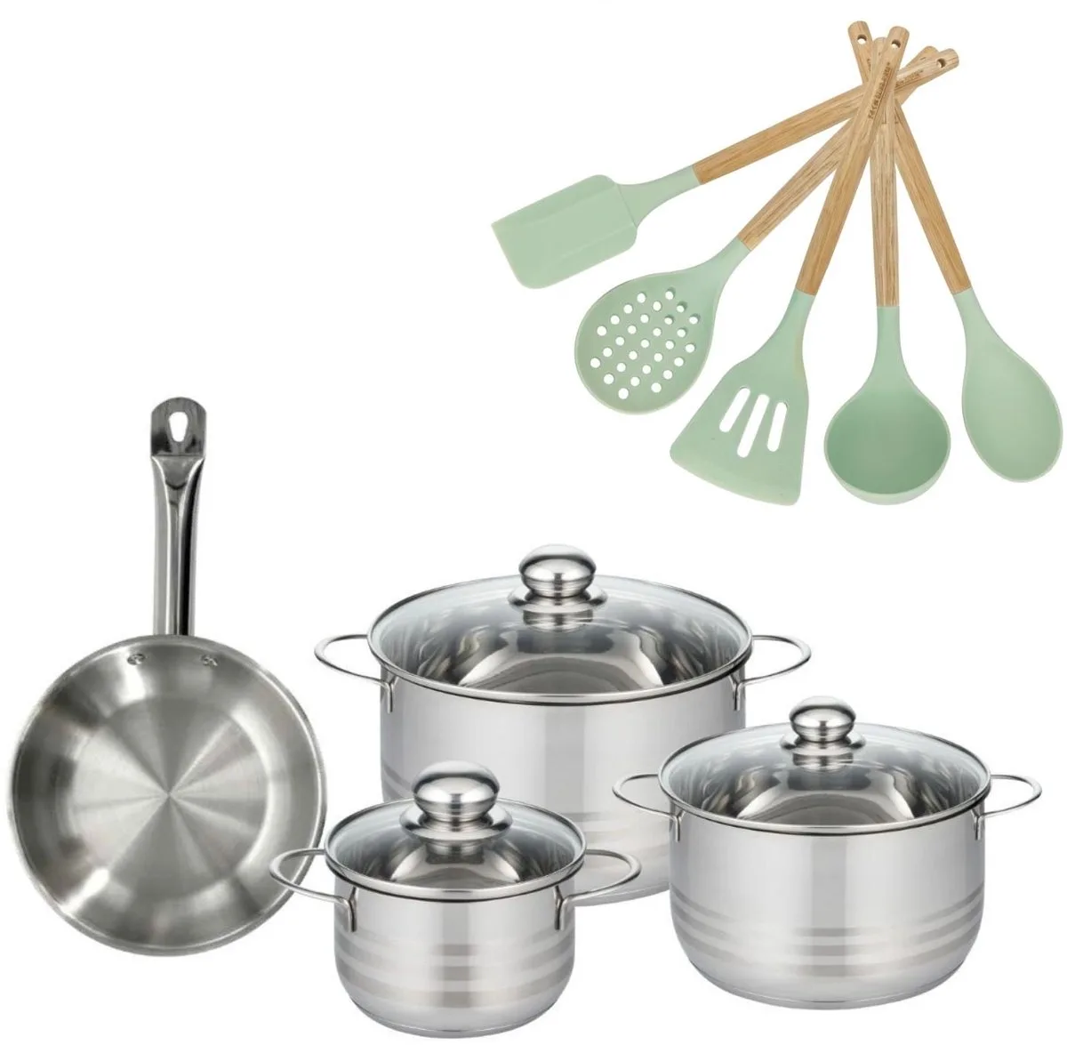 Set Koekenpan 20 cm en 3 Kookpotten 16/20/24 cm Fackelmann Etherna met 5 Fackelmann OCEAN keukengerei von Fackelmann in Roestvrij staal, Schwarz – Produktfoto