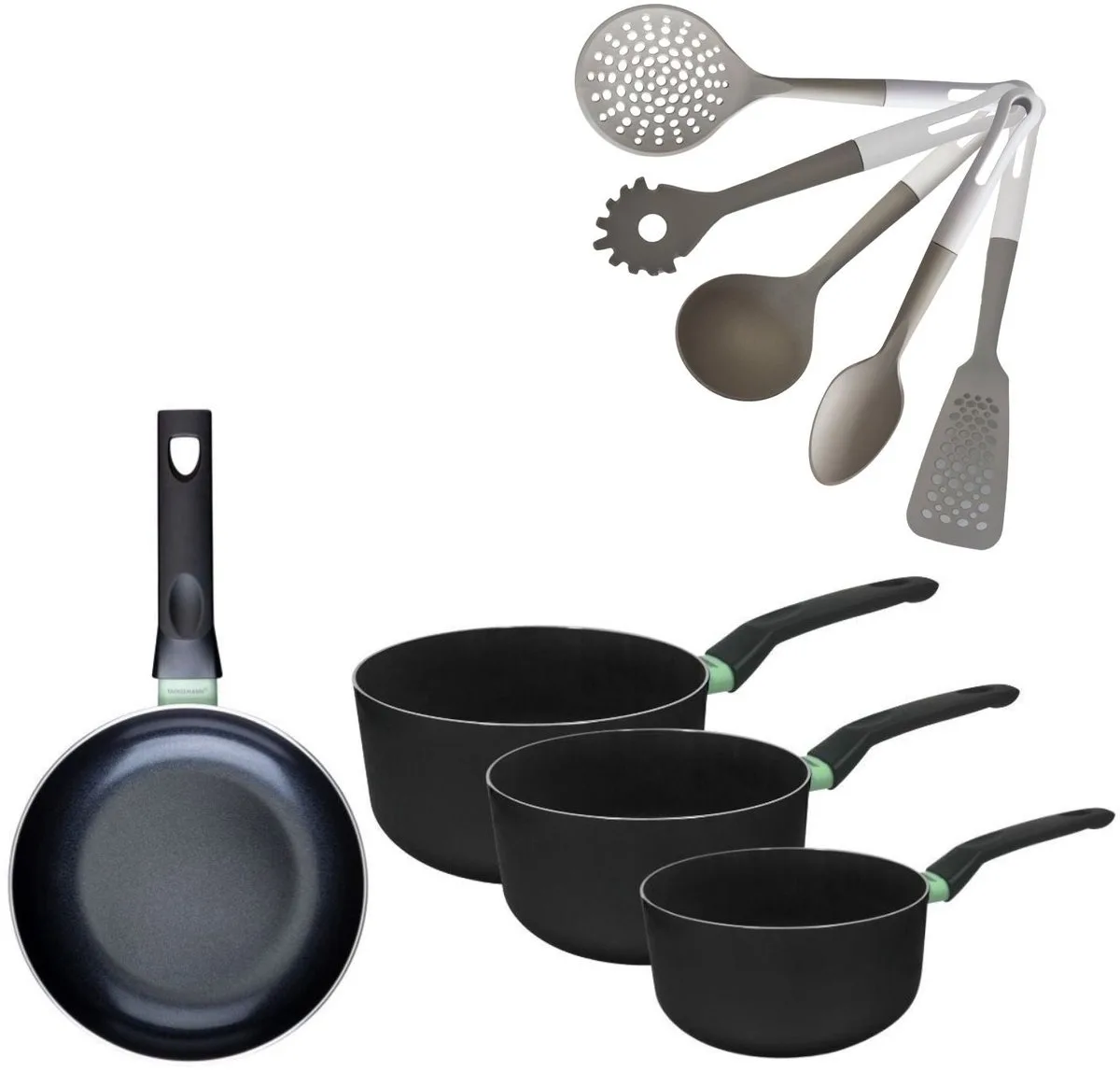 Set Koekenpan 20cm & 3 Kookpannen 16/18/20cm zonder PFAS Fackelmann Brandao met 5 Vario keukengerei by Fackelmann in Black, Green – product photo