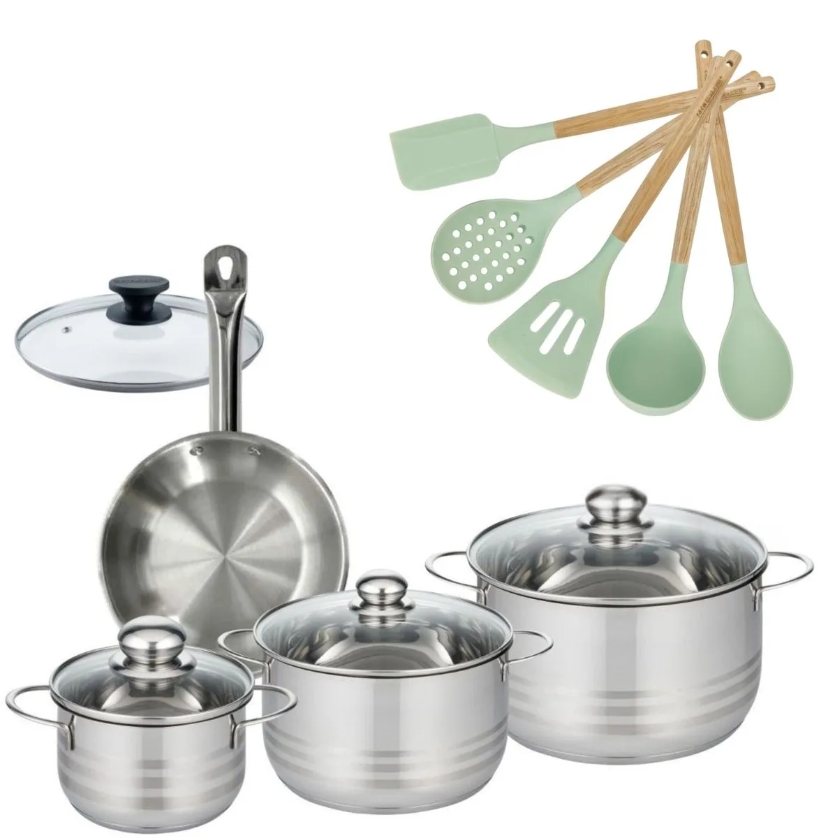 Set Koekenpan 20cm en 3 Kookpotten 16/20/24cm Fackelmann Etherna met 6 keukengerei fra Fackelmann i Roestvrij staal – produktbillede